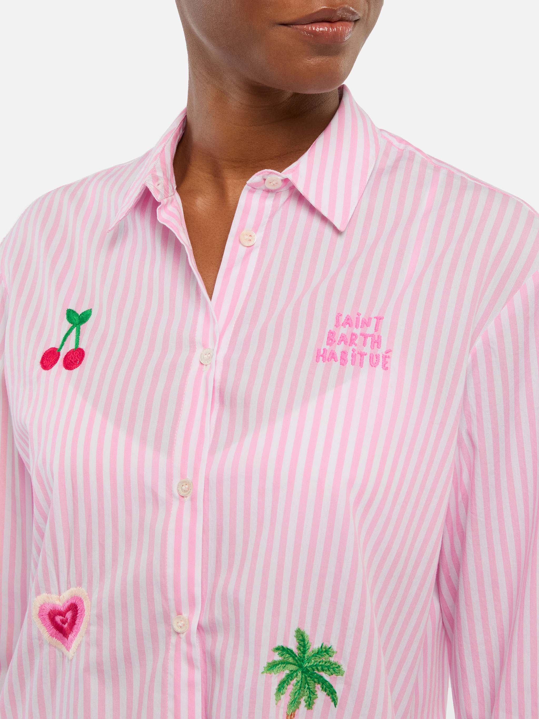 Brigitte Striped-Print Cotton Shirt With Saint Barth Habituè Embroidery Pink