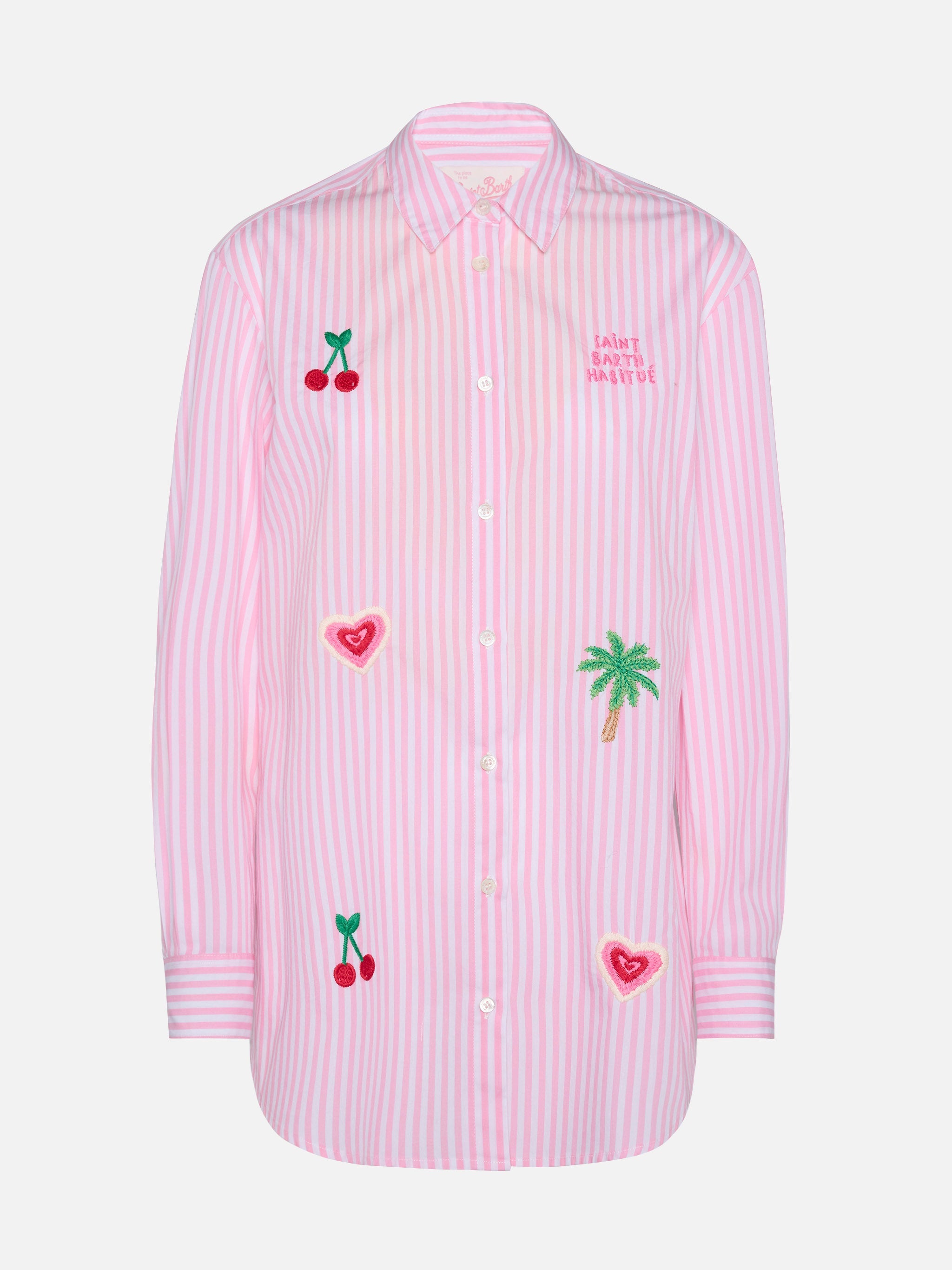 Brigitte Striped-Print Cotton Shirt With Saint Barth Habituè Embroidery Pink