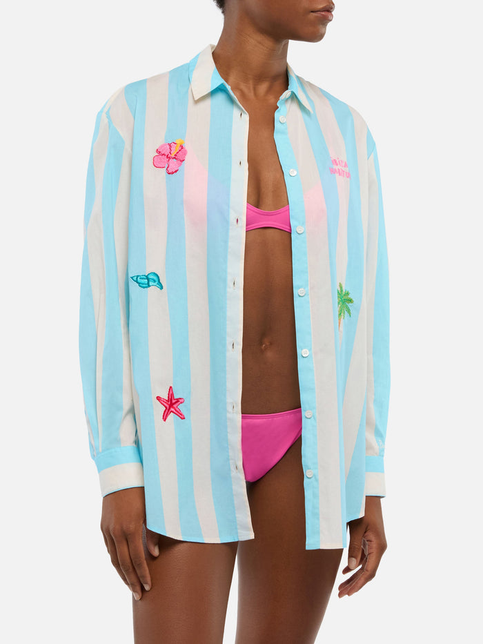 Brigitte Striped-Print Cotton Shirt With Ibiza Embroidery Sky