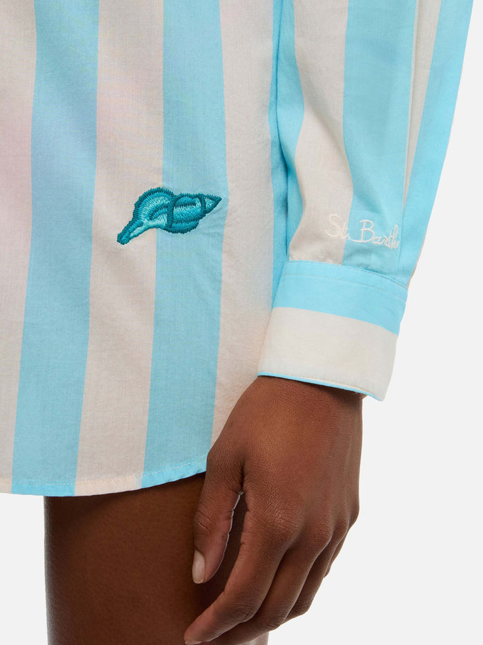 Brigitte Striped-Print Cotton Shirt With Ibiza Embroidery Sky