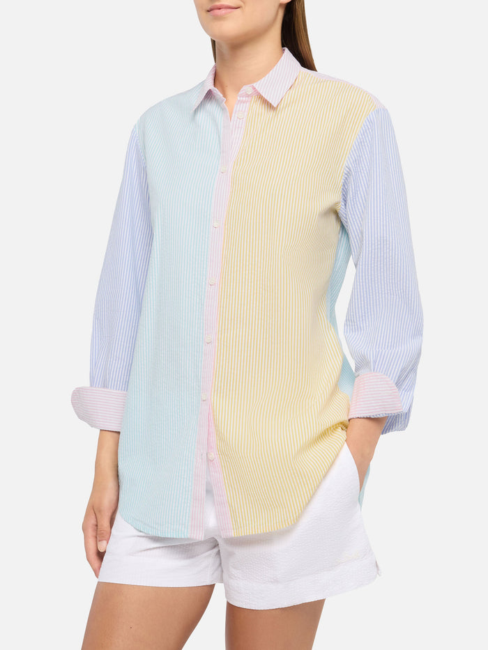 Brigitte Striped-Print Seersucker Shirt With Saint Barth Embroidery