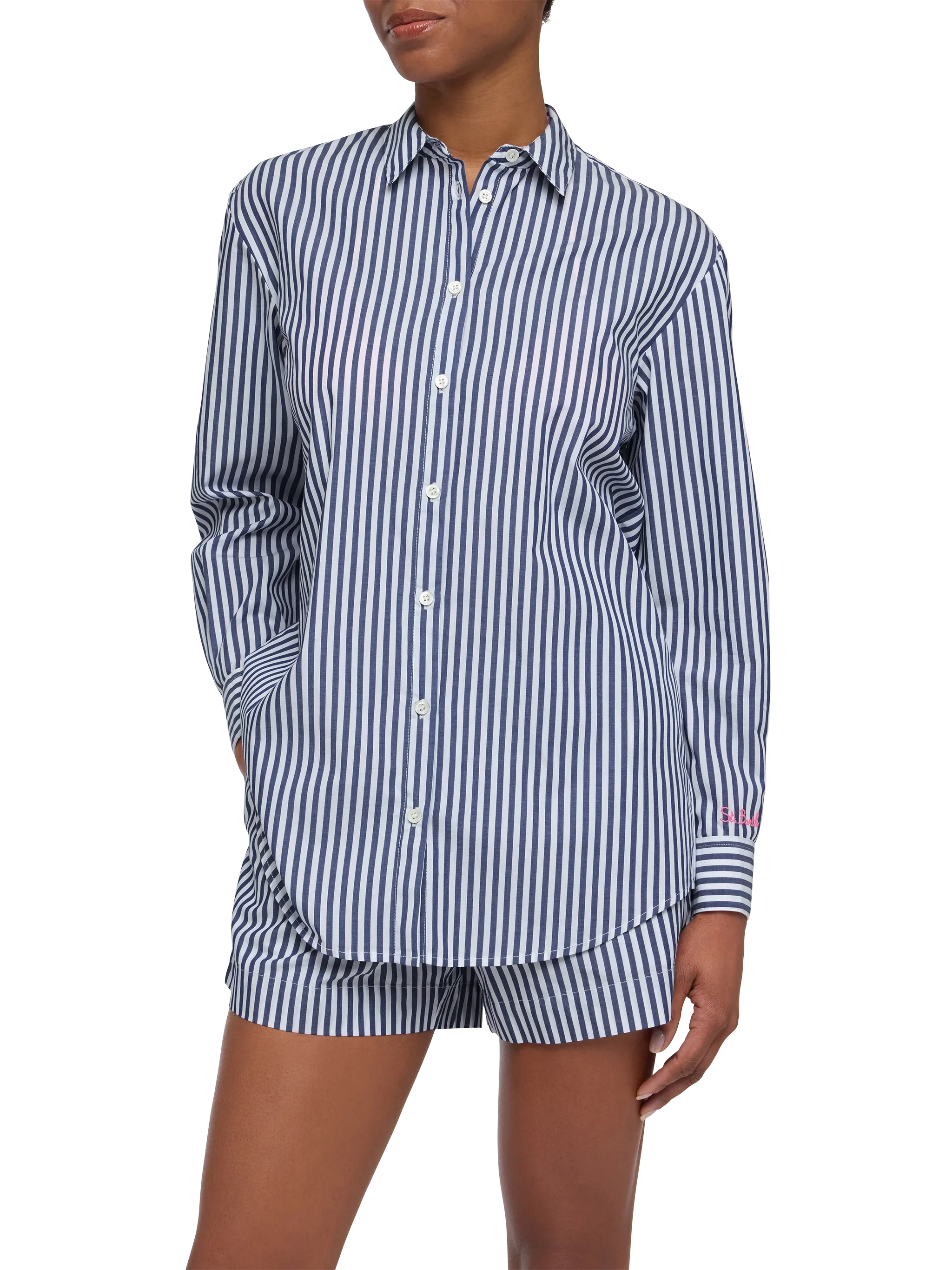 Brigitte Striped-Print Cotton Shirt With Saint Barth Beach Club Embroidery Blue