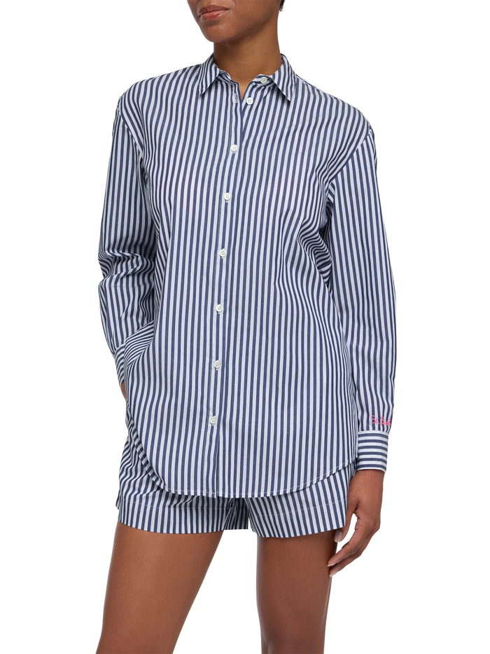 Brigitte Striped-Print Cotton Shirt With Saint Barth Beach Club Embroidery Blue