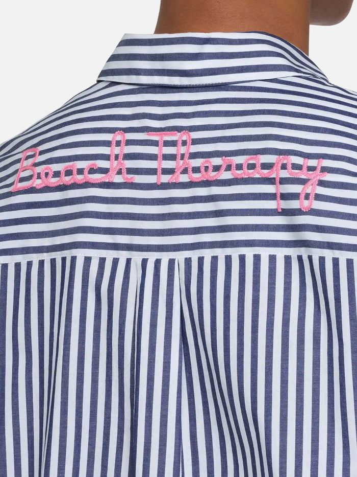 Brigitte Striped-Print Cotton Shirt With Saint Barth Beach Club Embroidery Blue