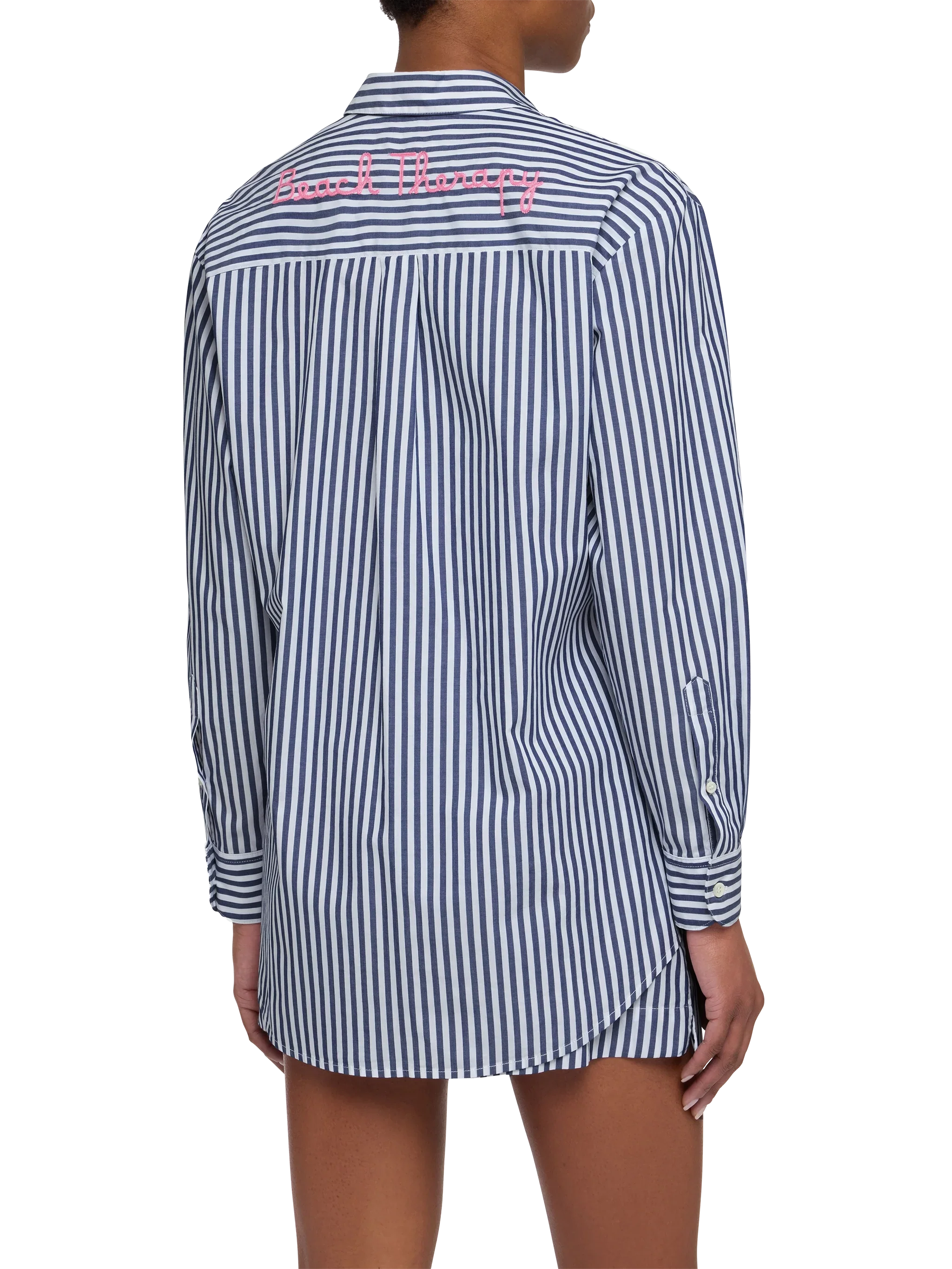 Brigitte Striped-Print Cotton Shirt With Saint Barth Beach Club Embroidery Blue