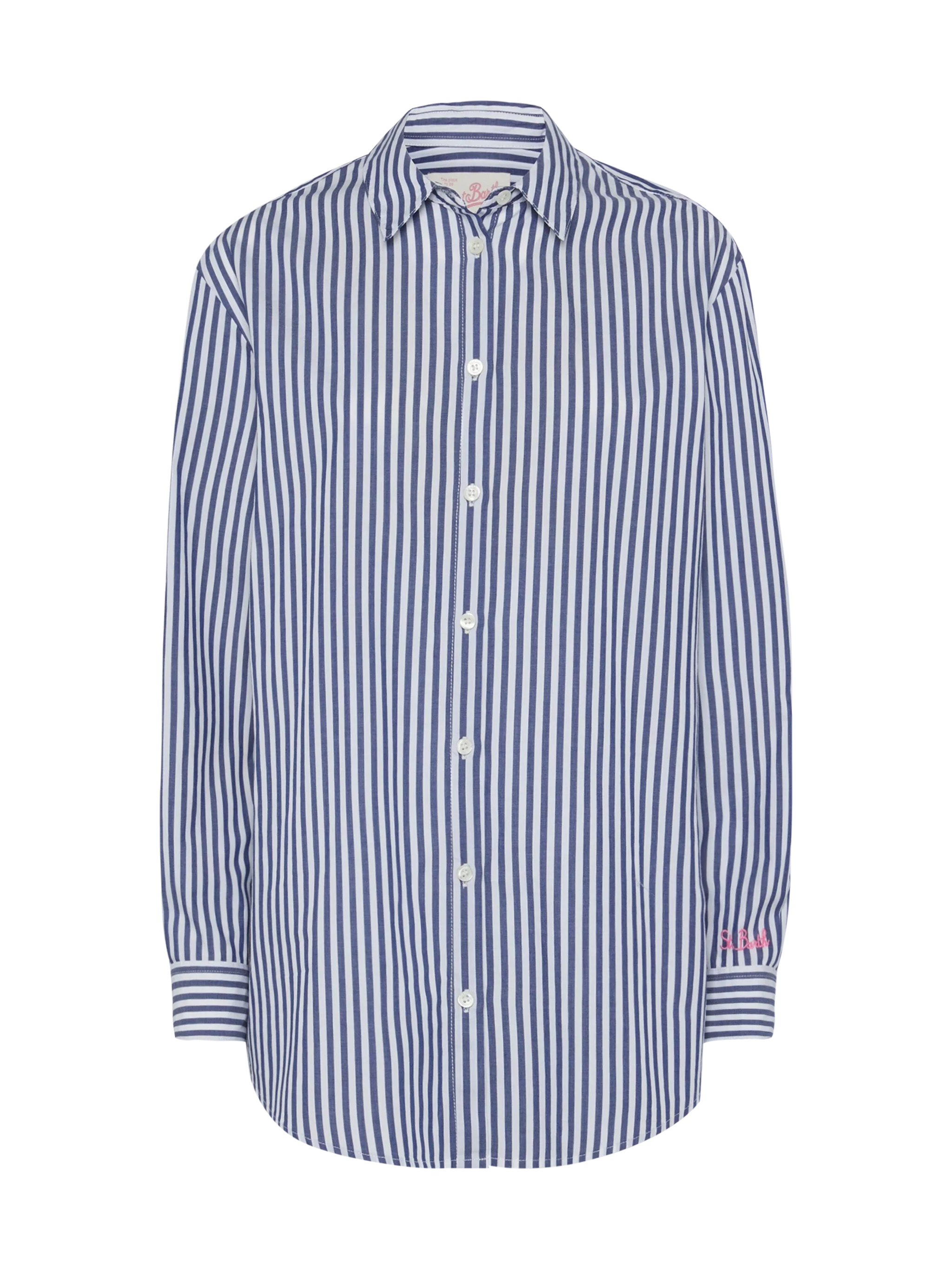 Brigitte Striped-Print Cotton Shirt With Saint Barth Beach Club Embroidery Blue