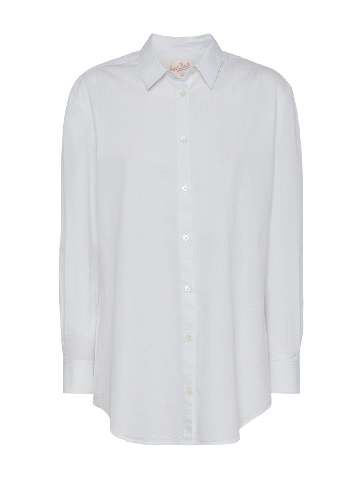 Brigitte White Seersucker Shirt With Saint Barth Embroidery