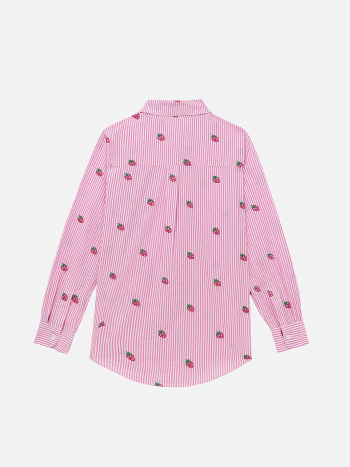 Mini Brigitte Pink Striped Seersucker Shirt With Strawberry Embroidery