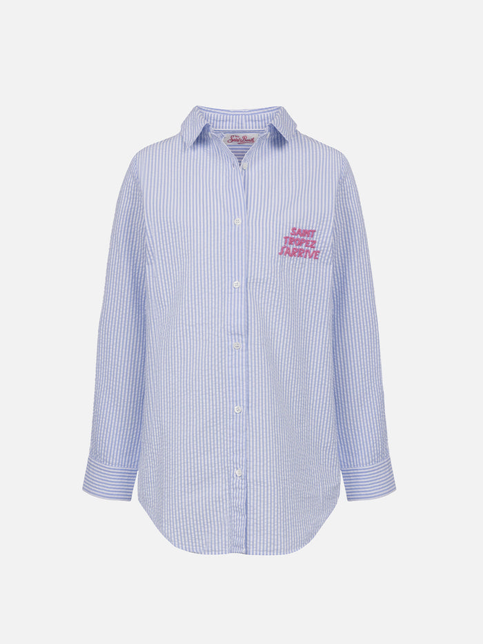 Girl Striped Print Seersucker Over Shirt Mini Brigitte Sky