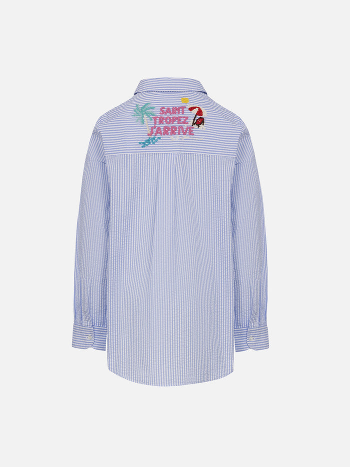 Girl Striped Print Seersucker Over Shirt Mini Brigitte Sky