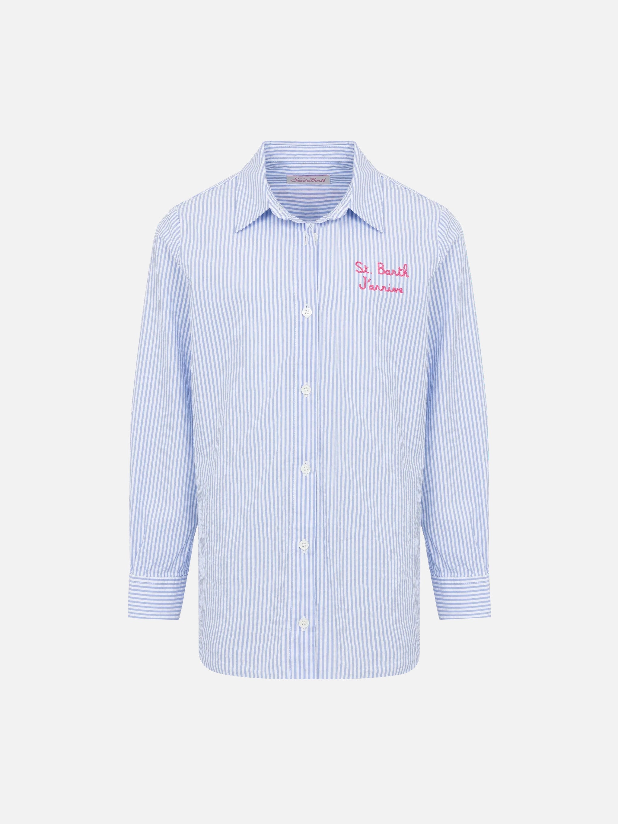 Mini Brigitte Light Blue Striped Seersucker Shirt With Snoopy Print | Peanuts® Special Edition Sky