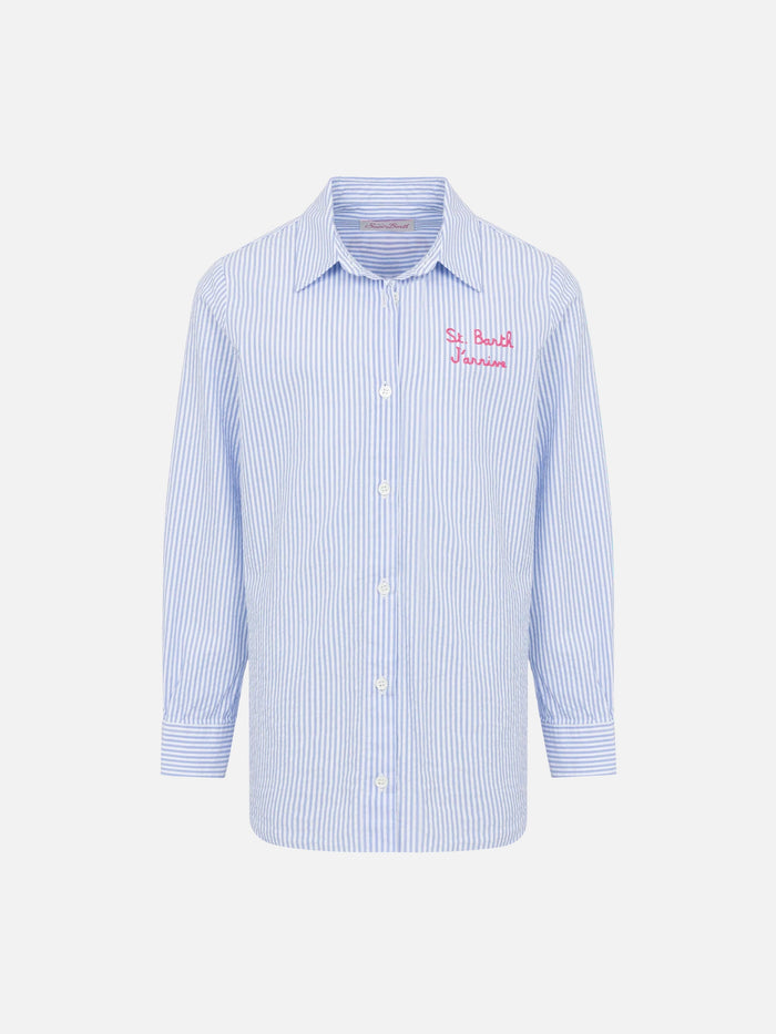 Mini Brigitte Light Blue Striped Seersucker Shirt With Snoopy Print | Peanuts® Special Edition Sky