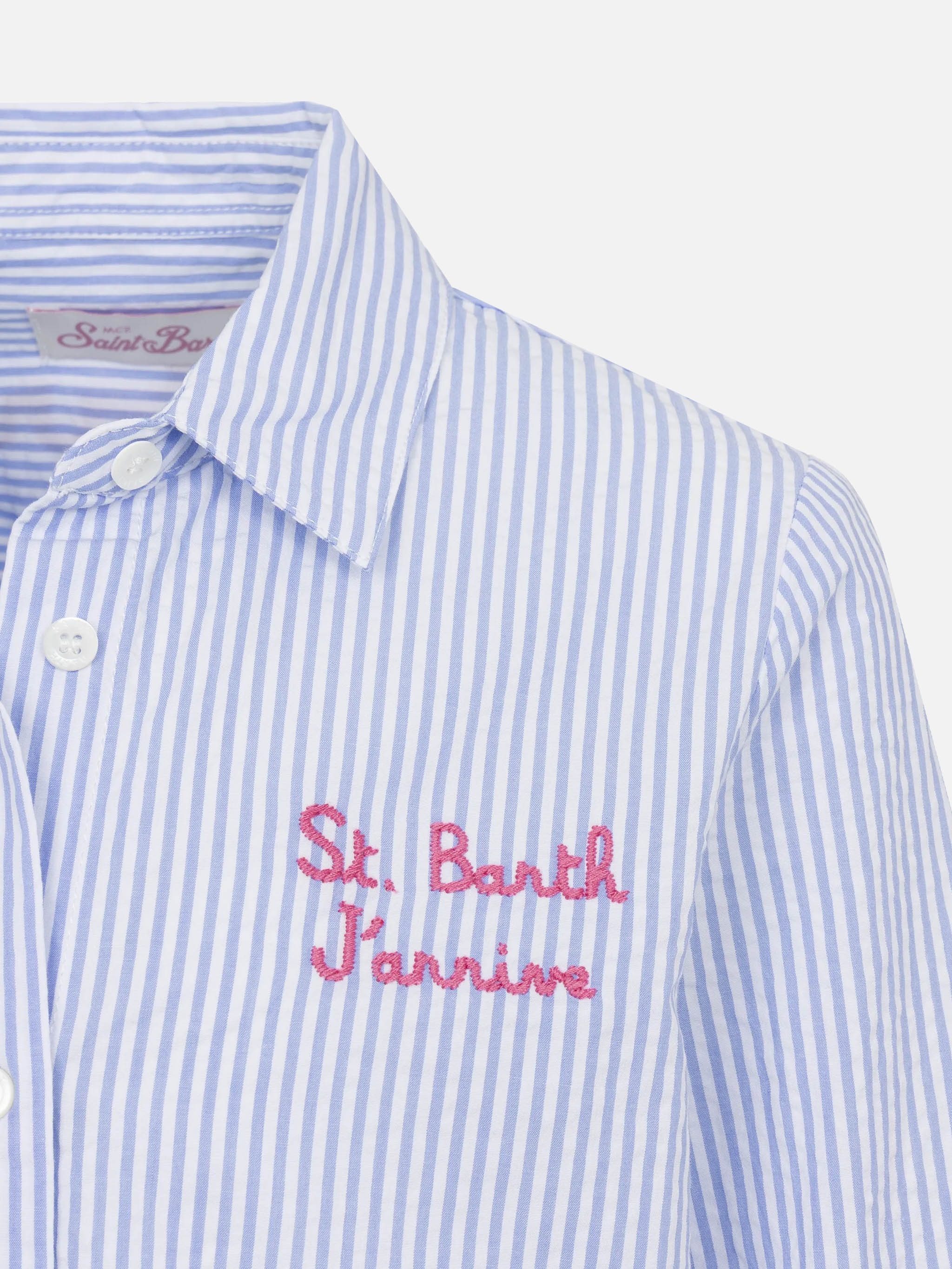 Mini Brigitte Light Blue Striped Seersucker Shirt With Snoopy Print | Peanuts® Special Edition Sky