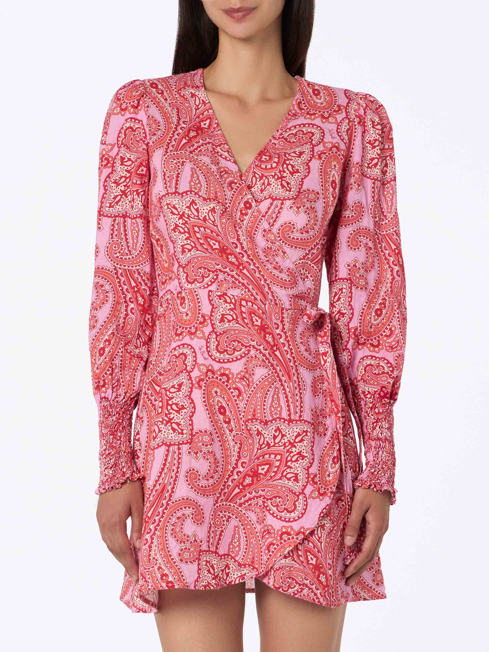 Linen Short Wrap Dress Brilly With Paisley Print Pink