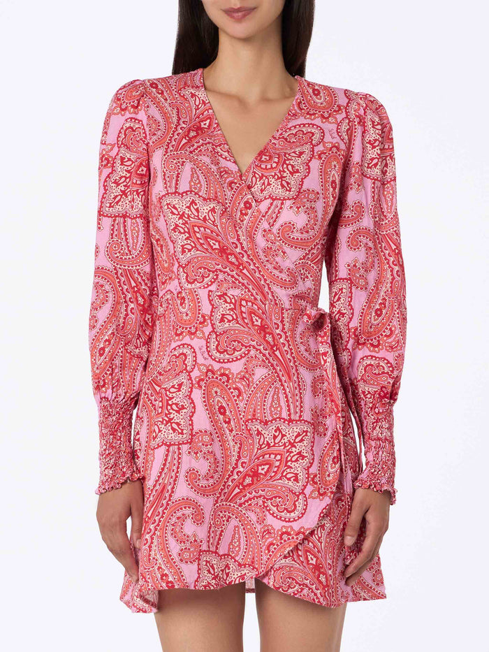 Linen Short Wrap Dress Brilly With Paisley Print Pink