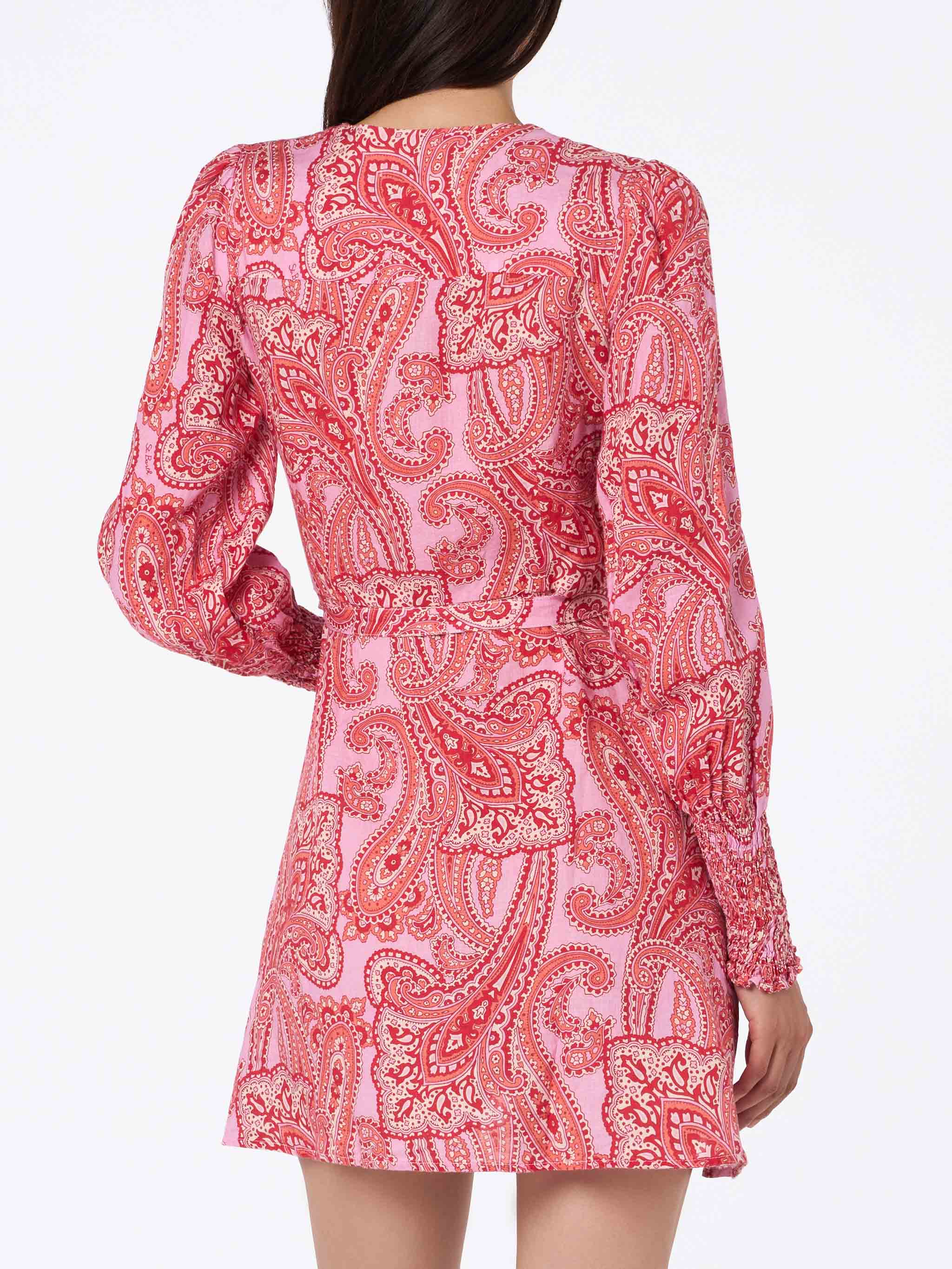 Linen Short Wrap Dress Brilly With Paisley Print Pink