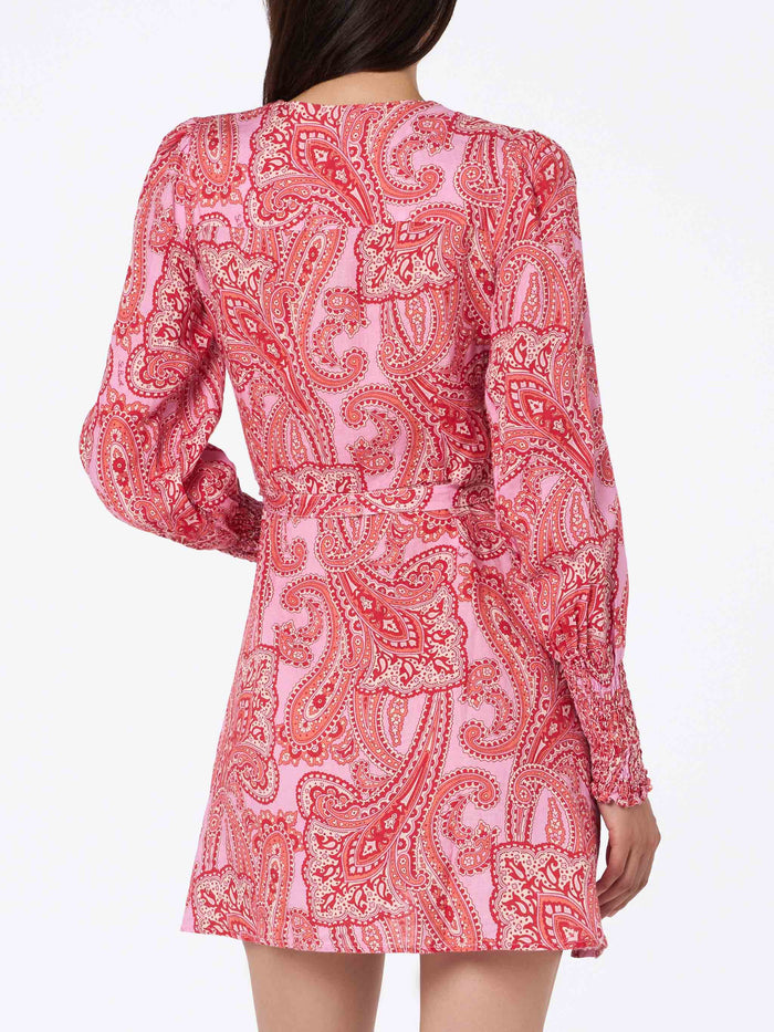 Linen Short Wrap Dress Brilly With Paisley Print Pink