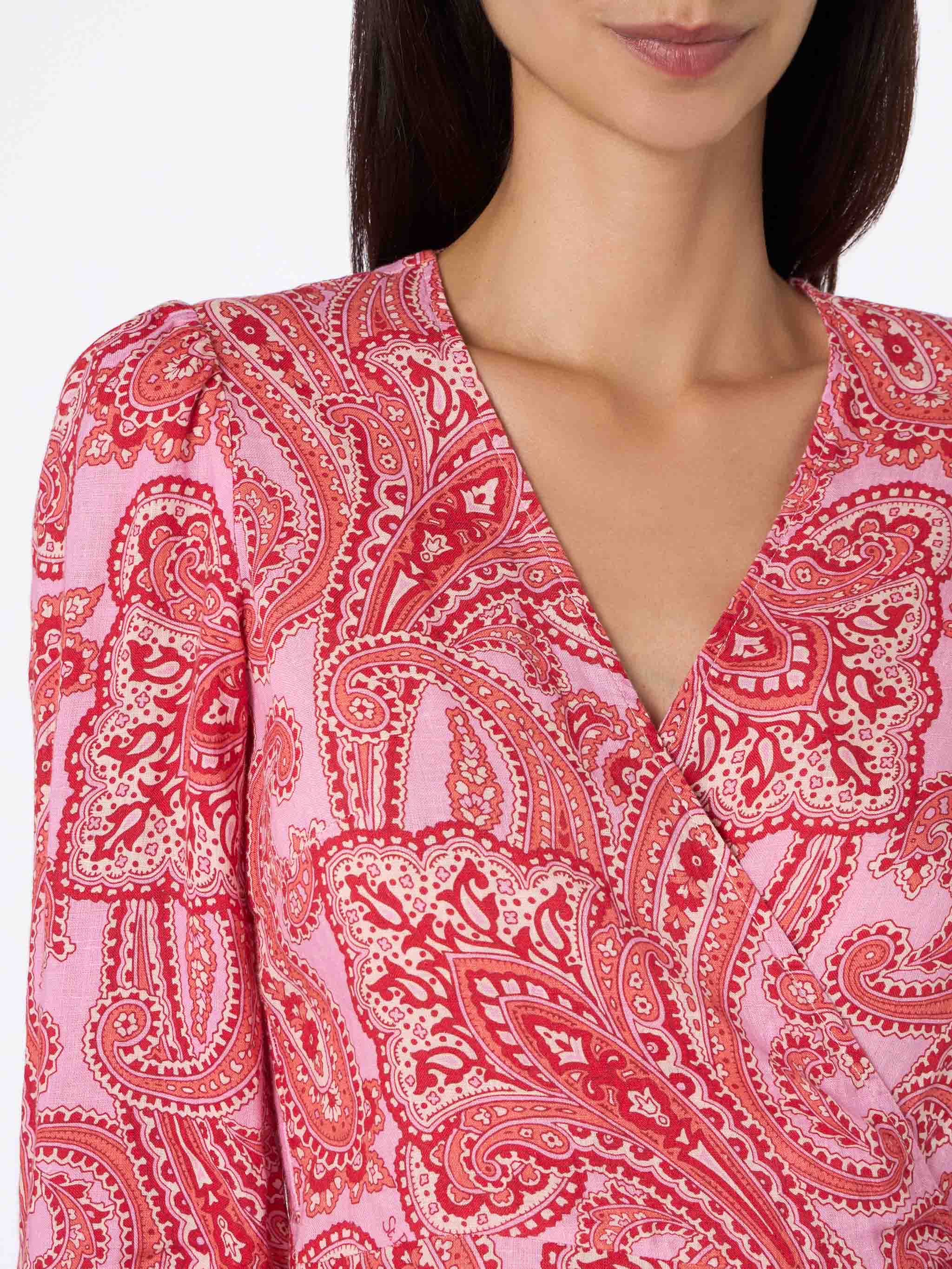 Linen Short Wrap Dress Brilly With Paisley Print Pink