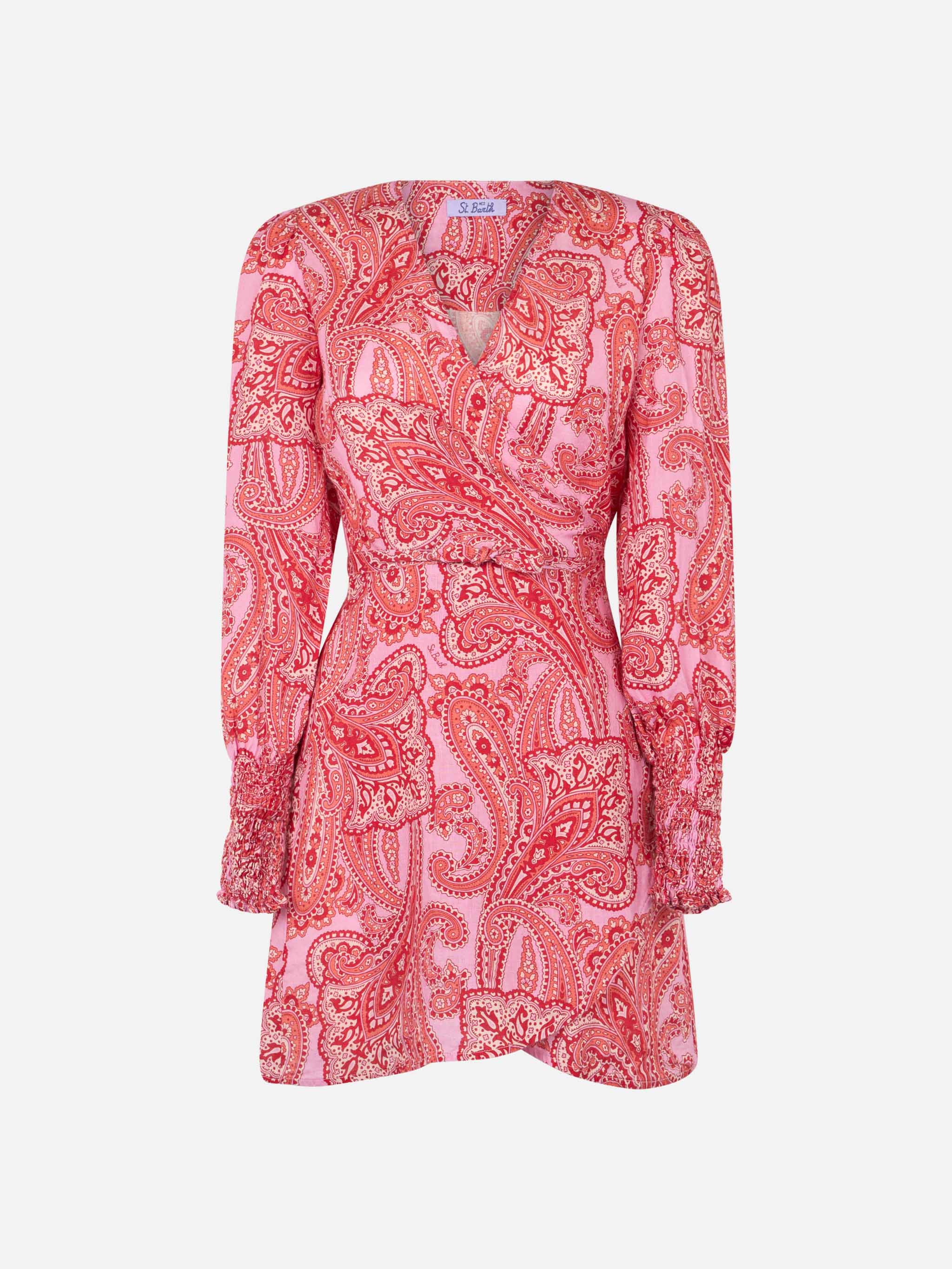 Linen Short Wrap Dress Brilly With Paisley Print Pink