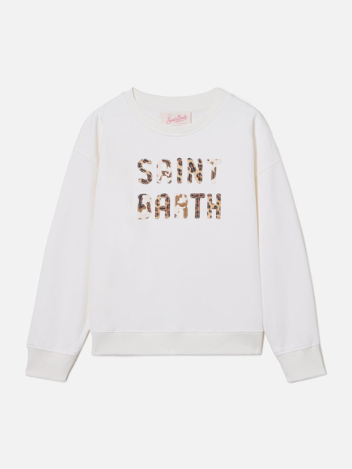 Briony Crewneck Sweatshirt White With Leopard Patch
