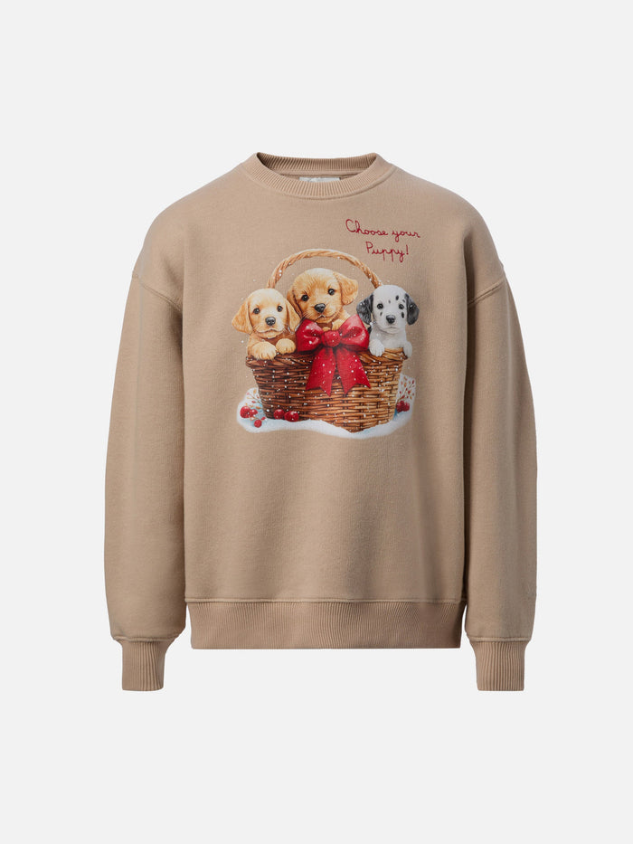 Briony Crewneck Sweatshirt With Puppies Print And Embroidery Brown