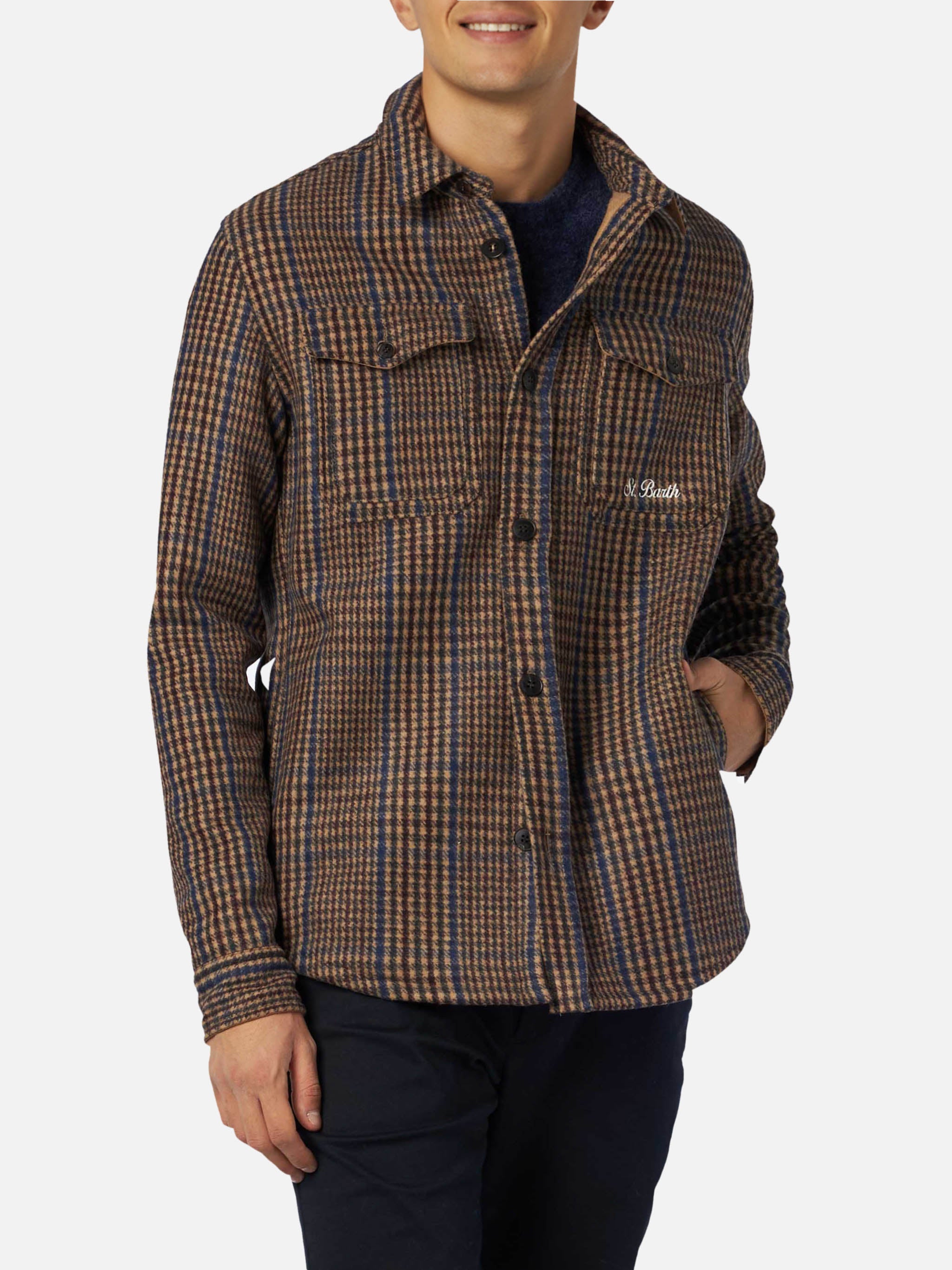 Man Wooly Prince Of Wales Overshirt With Pockets And Patches Brown Shirt
