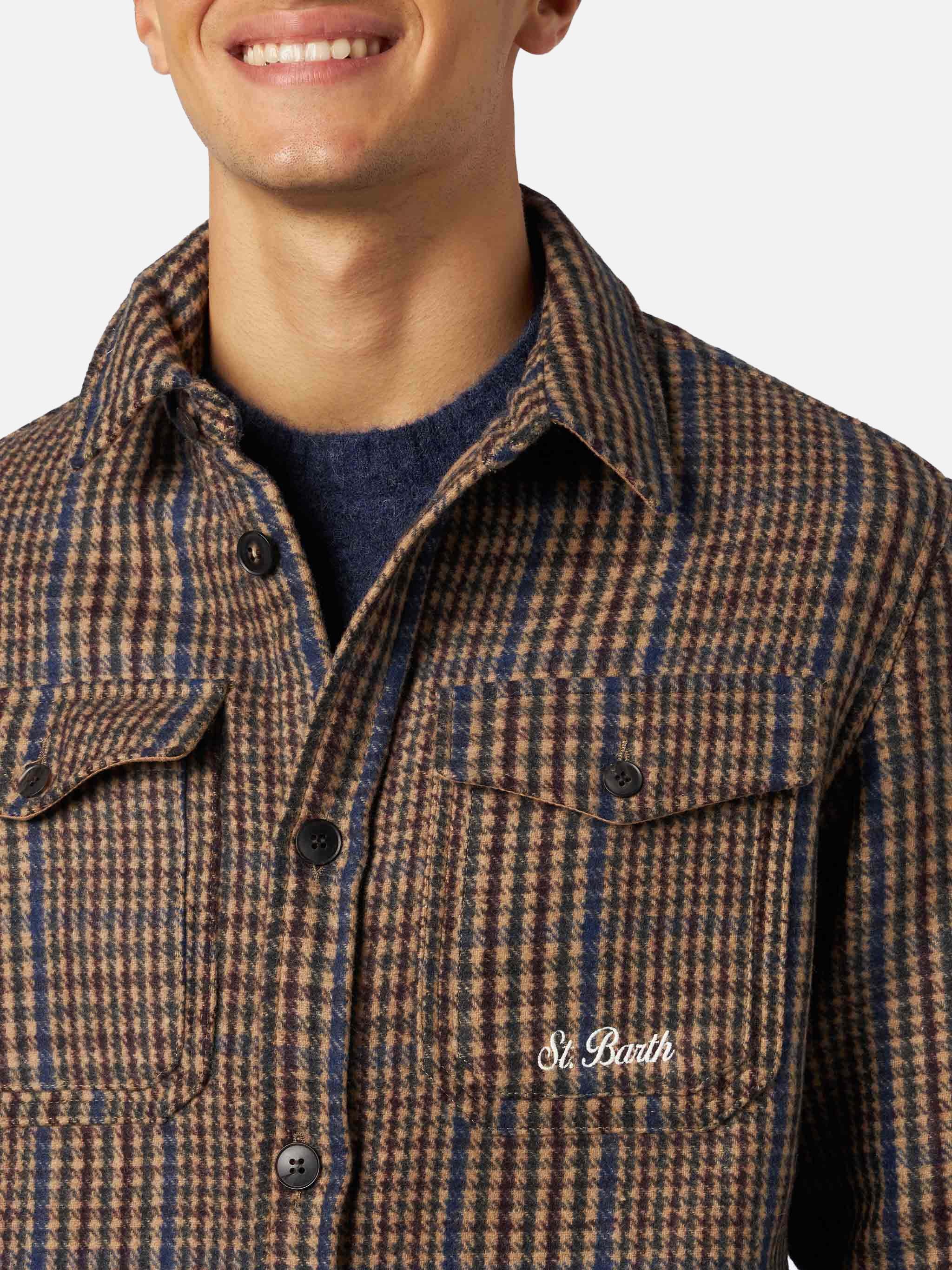 Man Wooly Prince Of Wales Overshirt With Pockets And Patches Brown Shirt