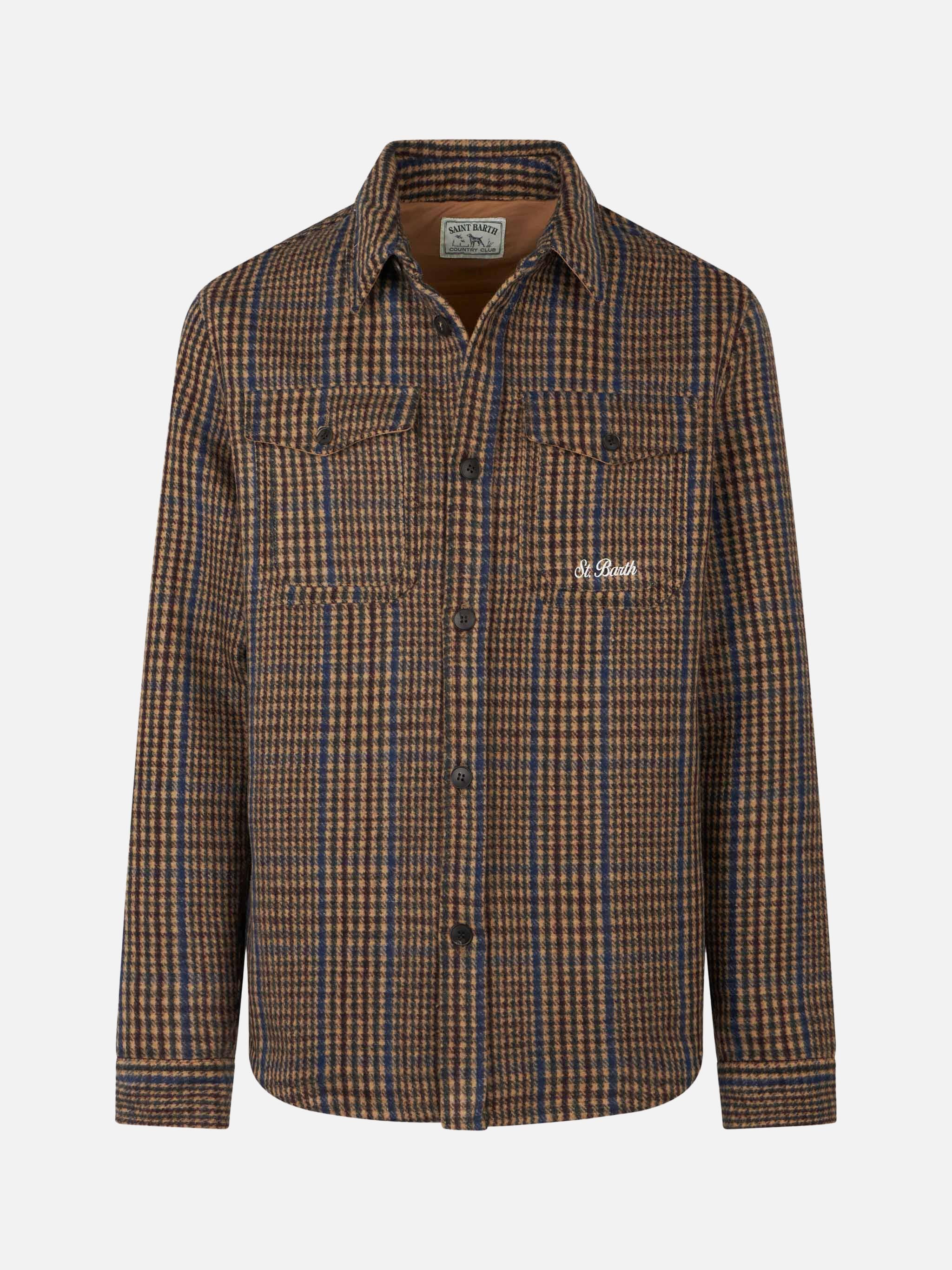 Man Wooly Prince Of Wales Overshirt With Pockets And Patches Brown Shirt