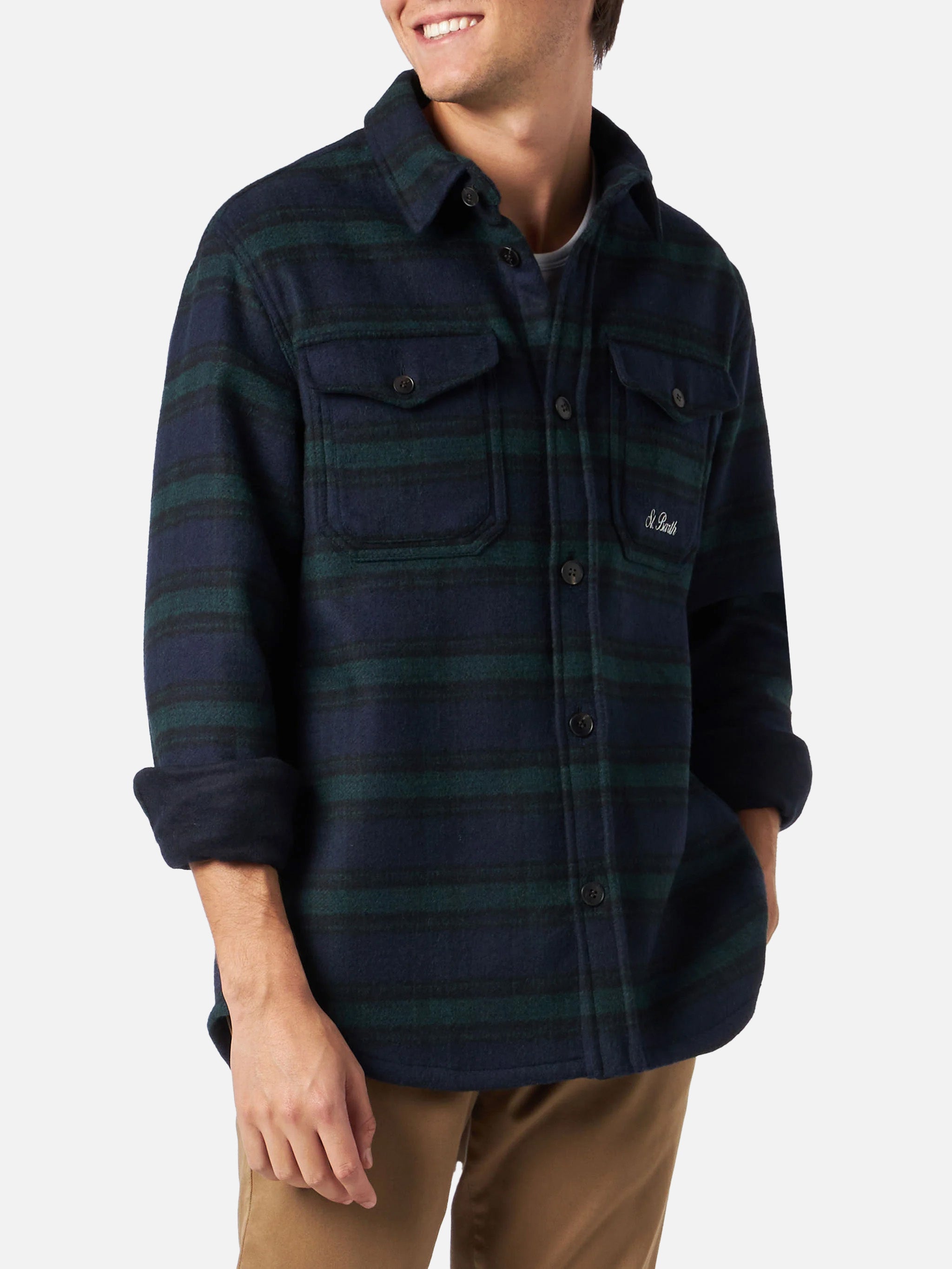 Man Wooly Tartan Overshirt With Pockets And Patches Blue Shirt