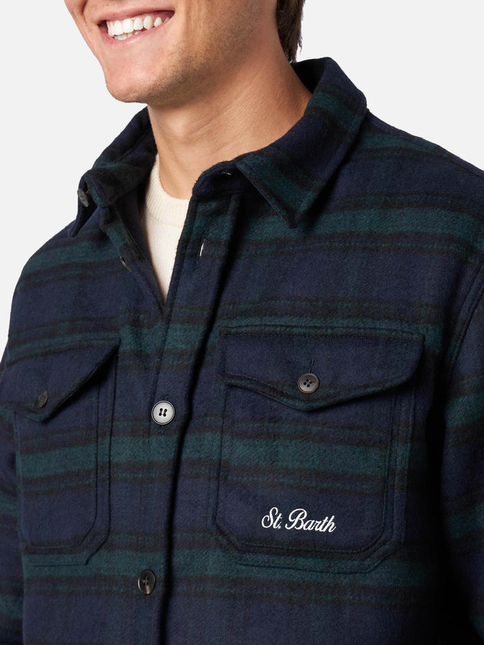 Man Wooly Tartan Overshirt With Pockets And Patches Blue Shirt