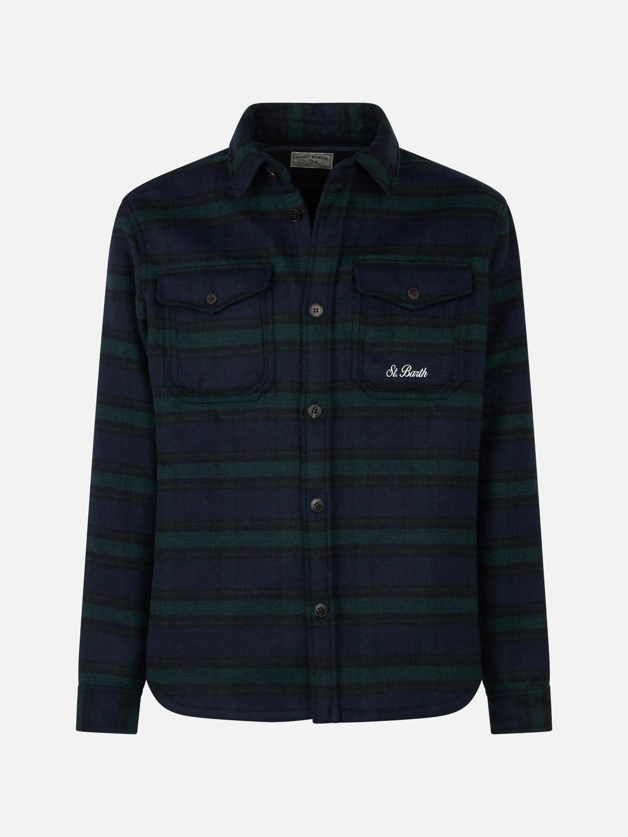 Man Wooly Tartan Overshirt With Pockets And Patches Blue Shirt