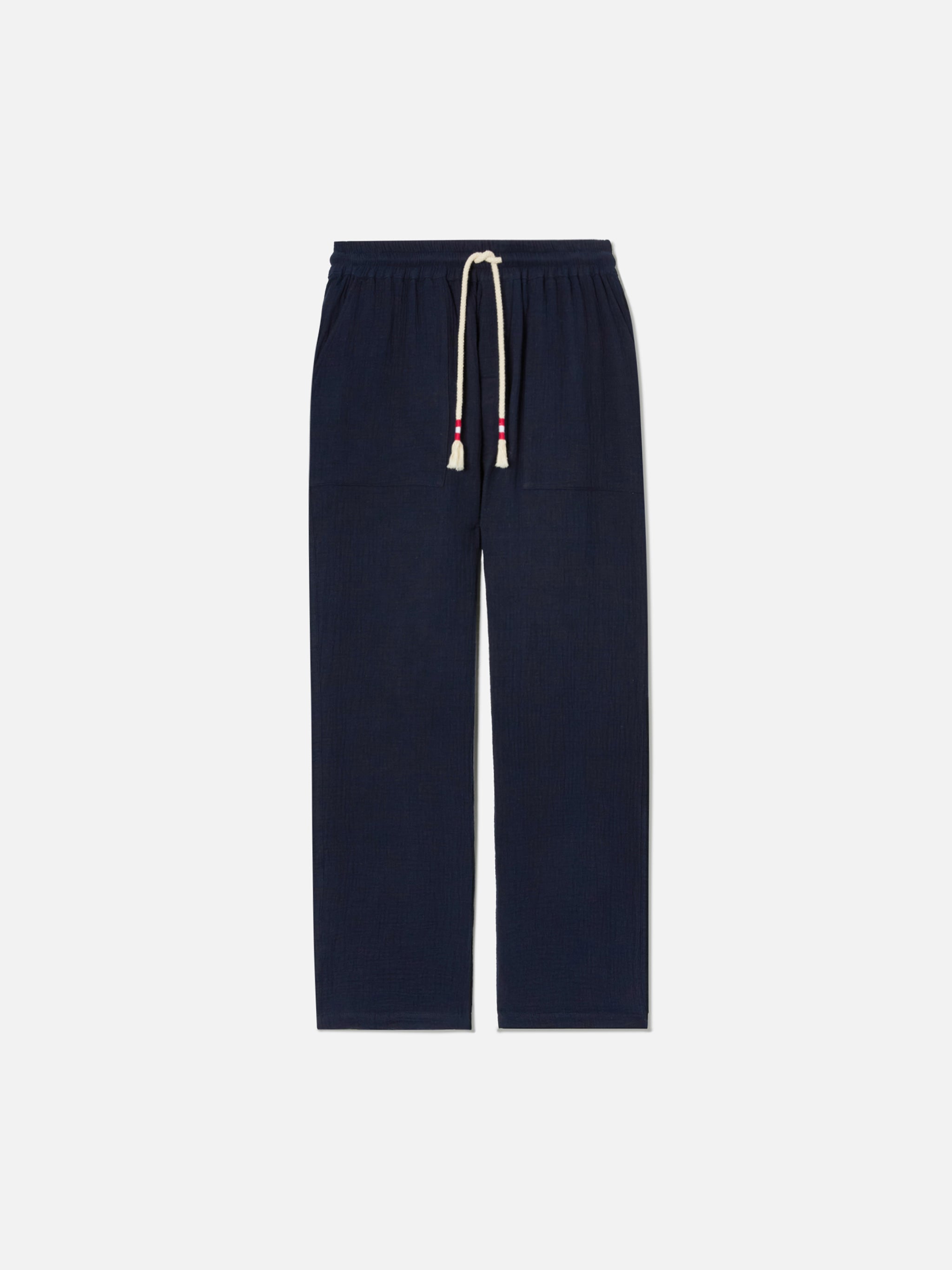 Calais Long Pants Crinkled Pure Cotton Gauze Navy Blue