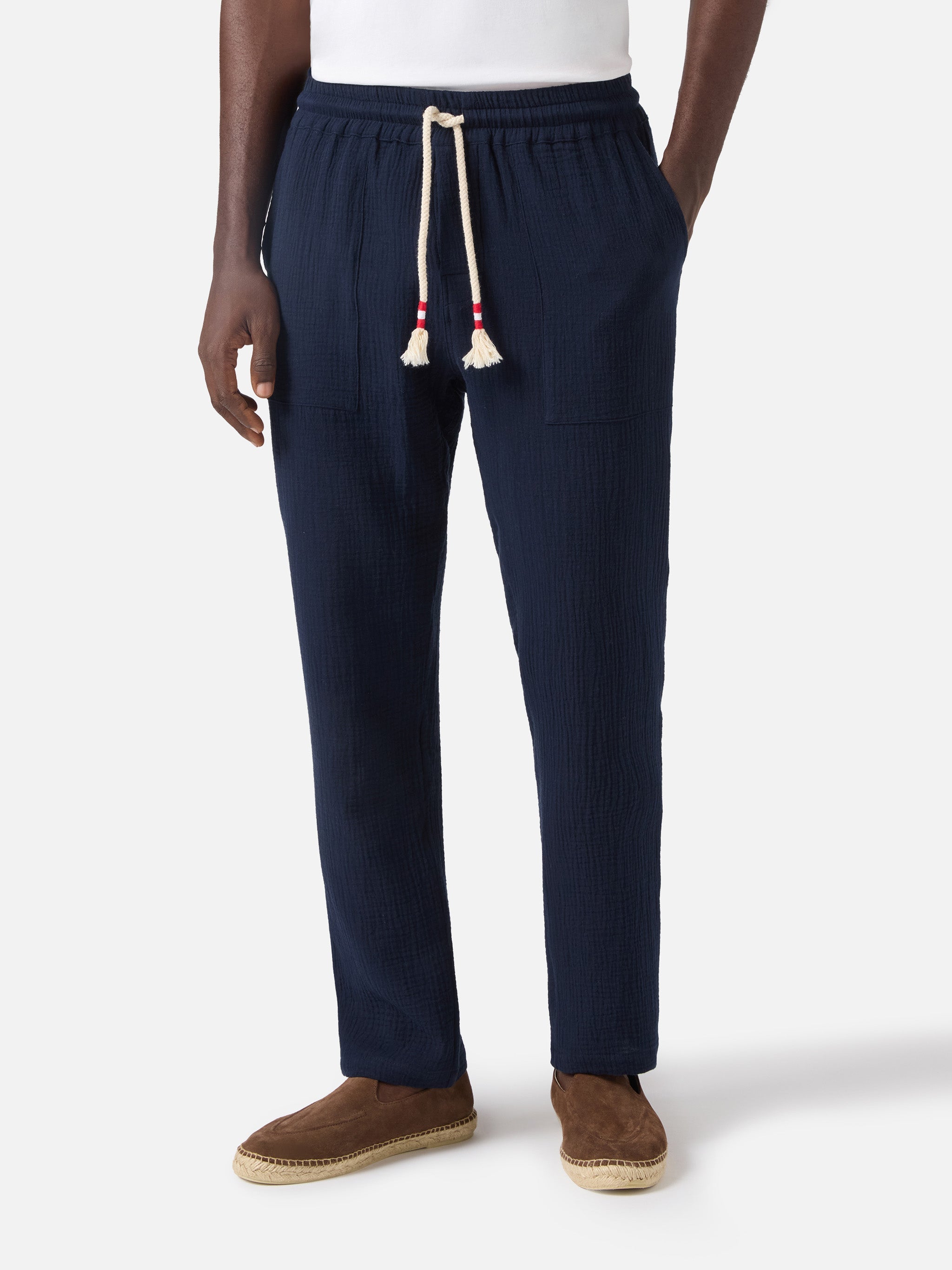 Calais Long Pants Crinkled Pure Cotton Gauze Navy Blue