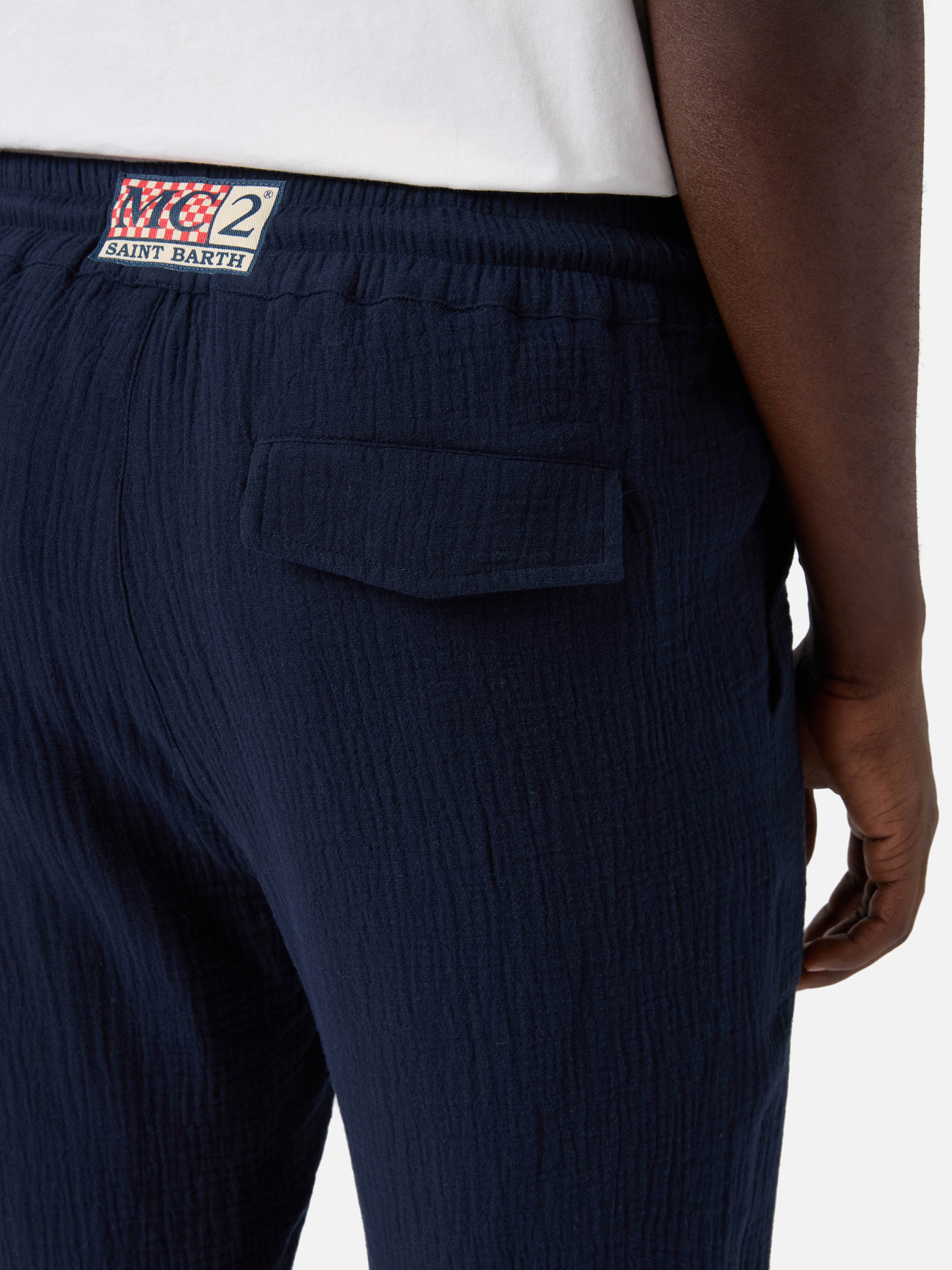 Calais Long Pants Crinkled Pure Cotton Gauze Navy Blue