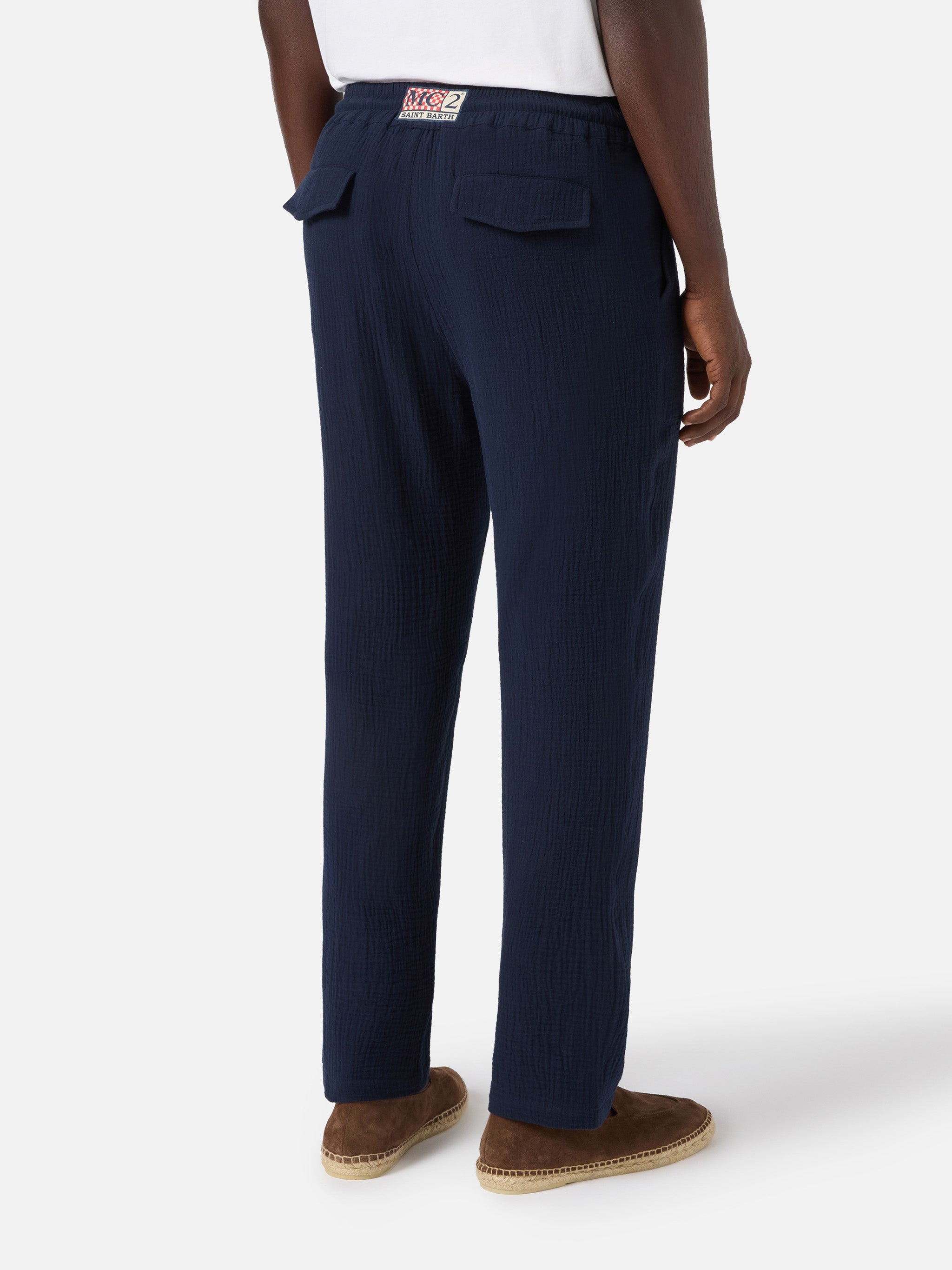 Calais Long Pants Crinkled Pure Cotton Gauze Navy Blue