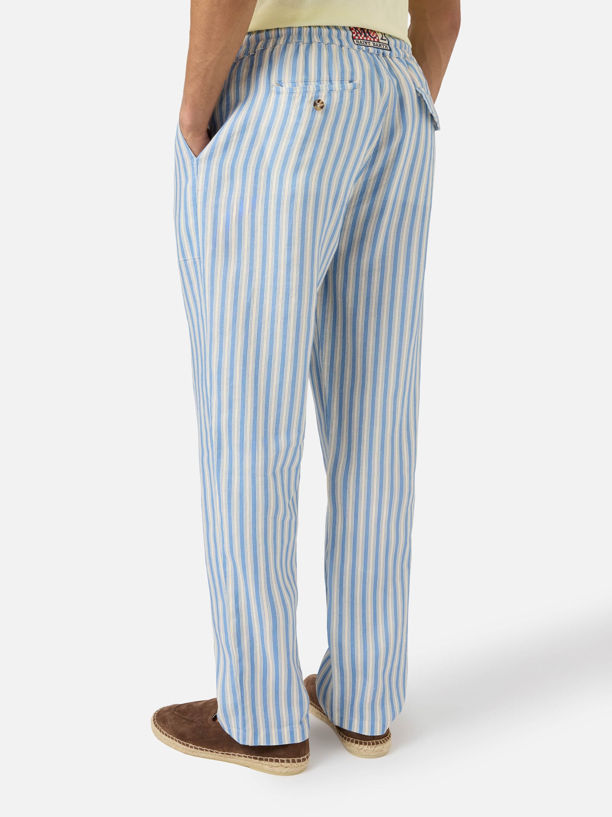 Calais Long Linen Pants With Cream And Light Blue Stripes