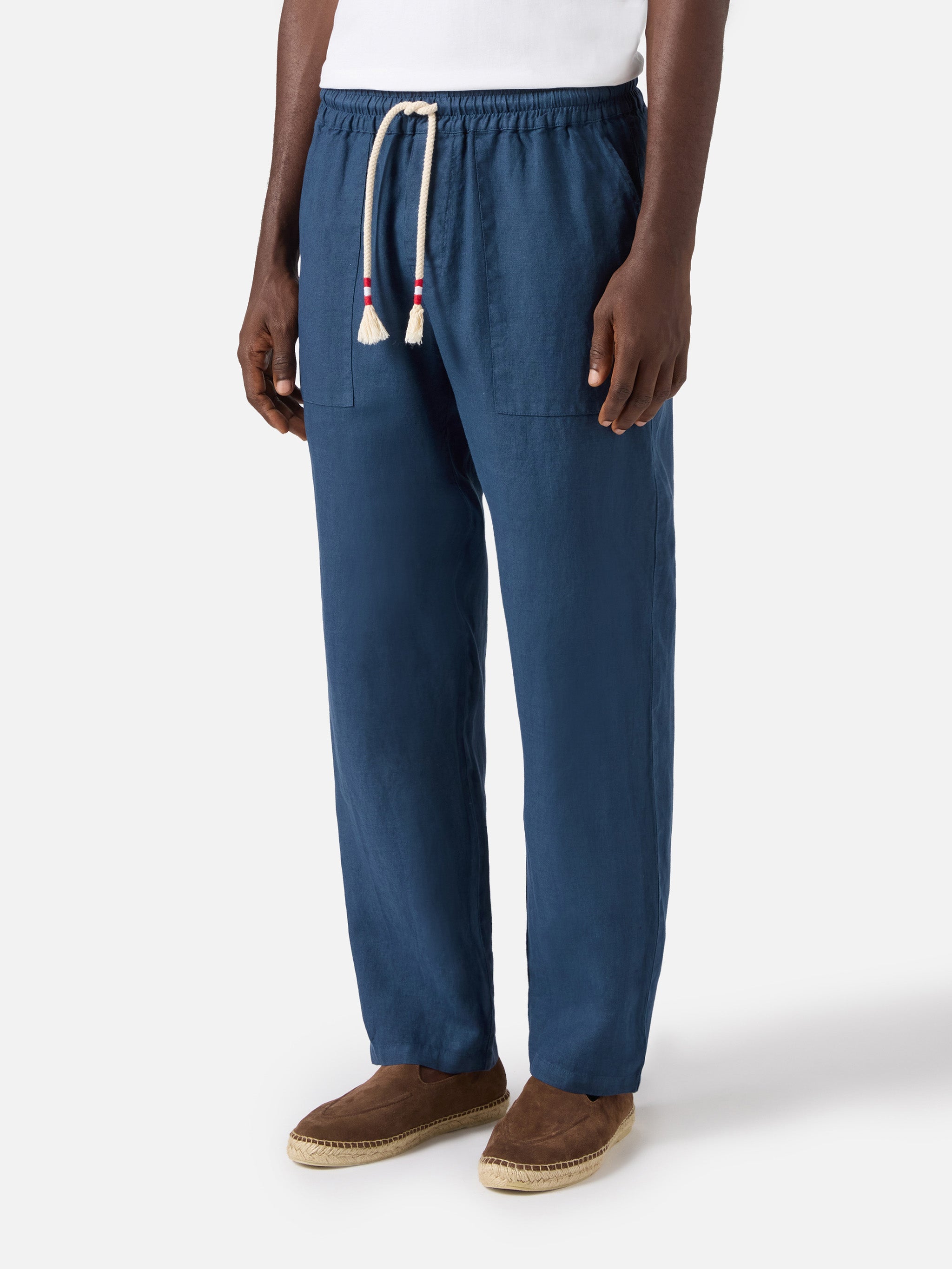 Navy Blue Brown Calais Long Pants Pure Linen