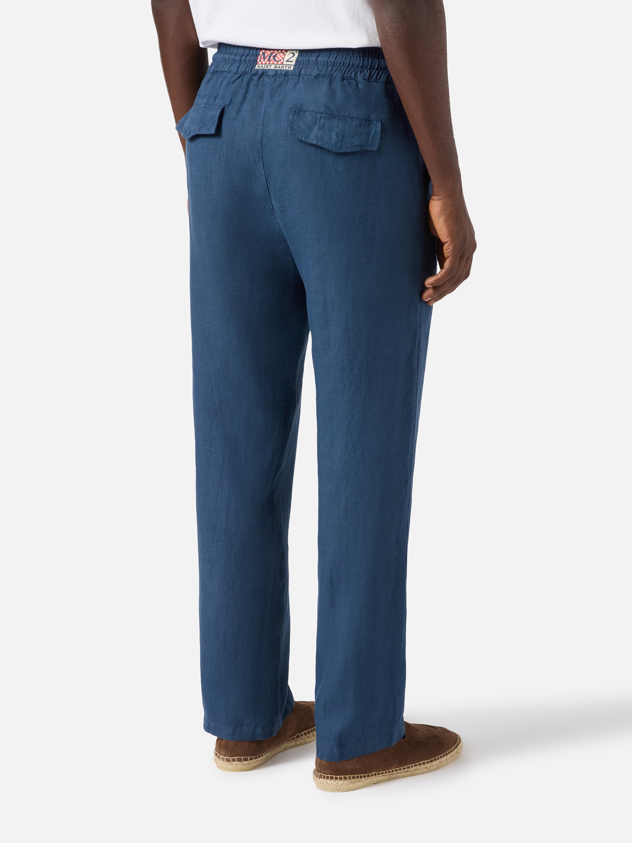 Navy Blue Brown Calais Long Pants Pure Linen