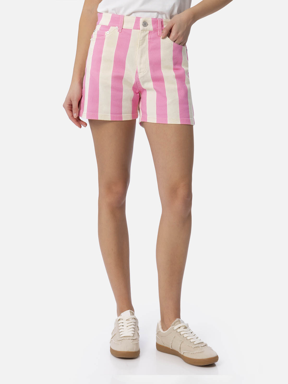 Cancun Pink Striped Denim Bermuda Shorts Pant