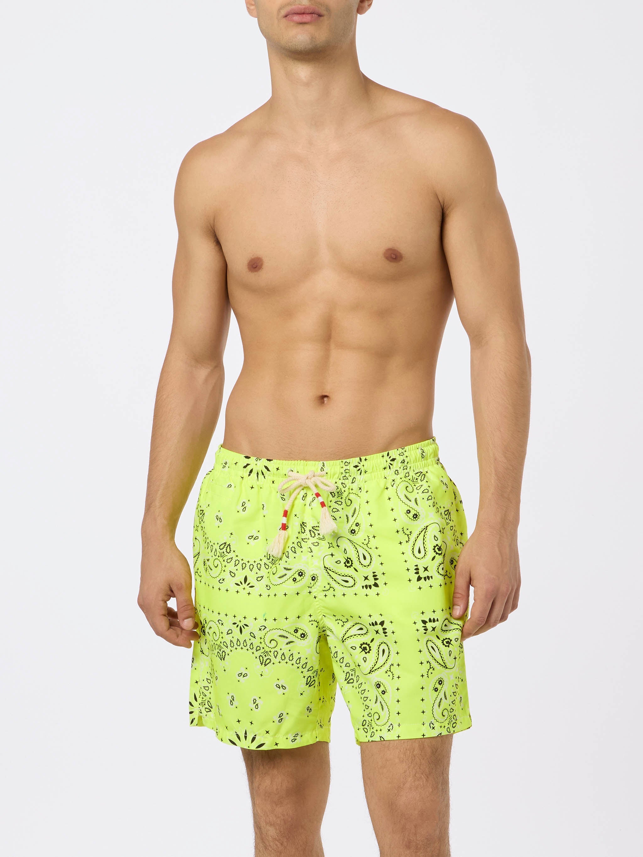 Man Swim Shorts With Fluo Yellow Bandana Print Swimshort