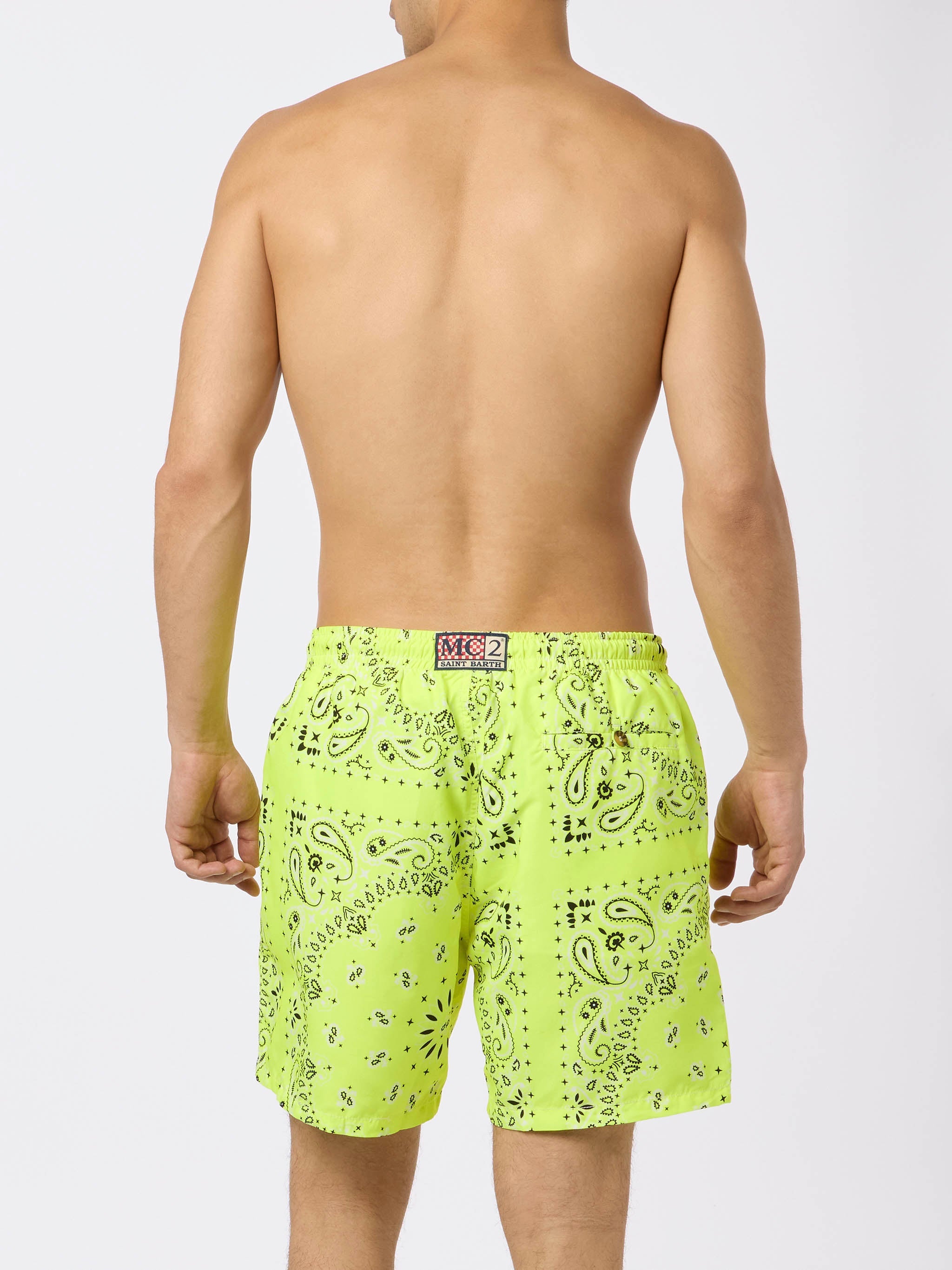 Man Swim Shorts With Fluo Yellow Bandana Print Swimshort