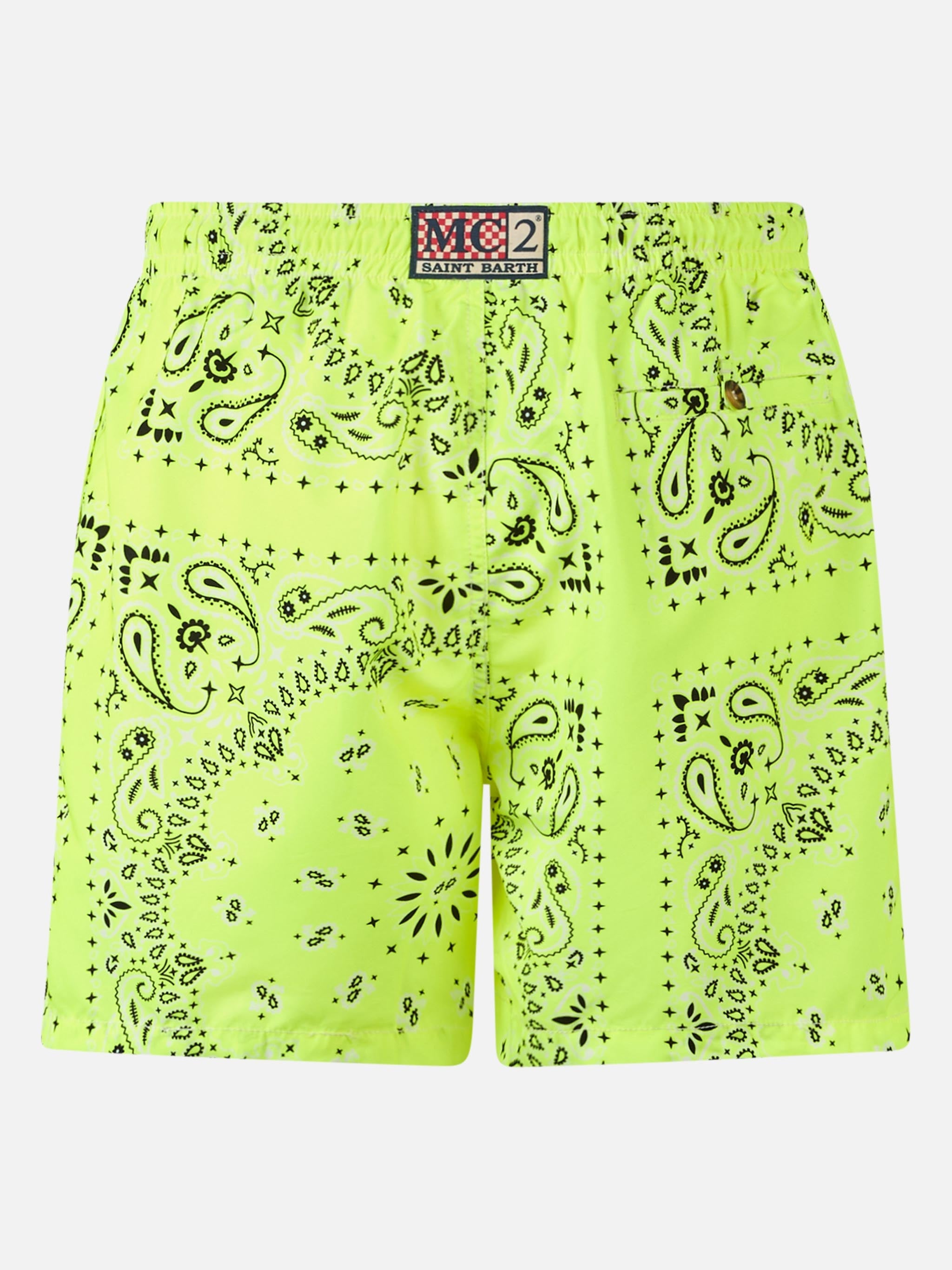 Man Swim Shorts With Fluo Yellow Bandana Print Swimshort
