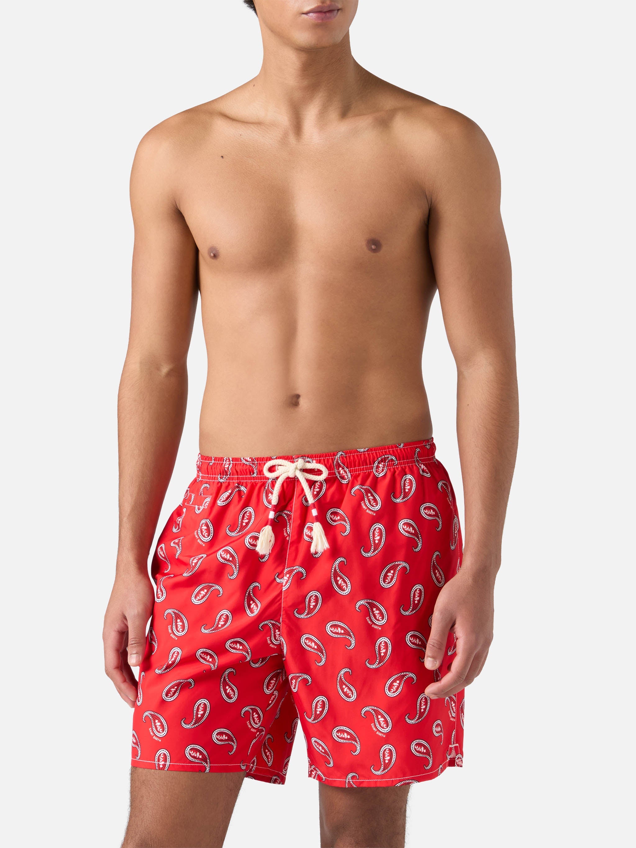 Mid-Length Swim-Shorts Caprese With Red Paisley Print Swimshort