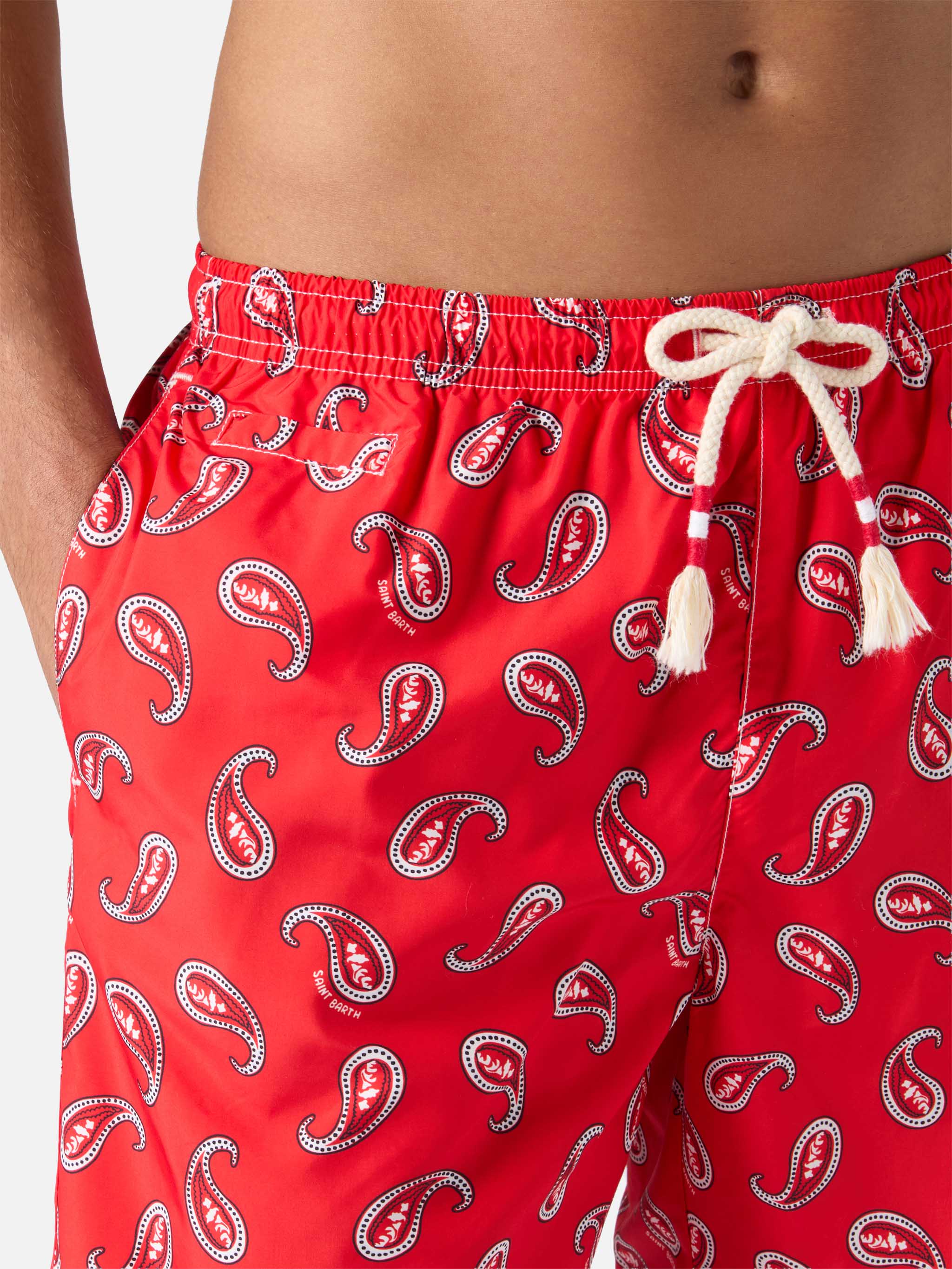 Mid-Length Swim-Shorts Caprese With Red Paisley Print Swimshort