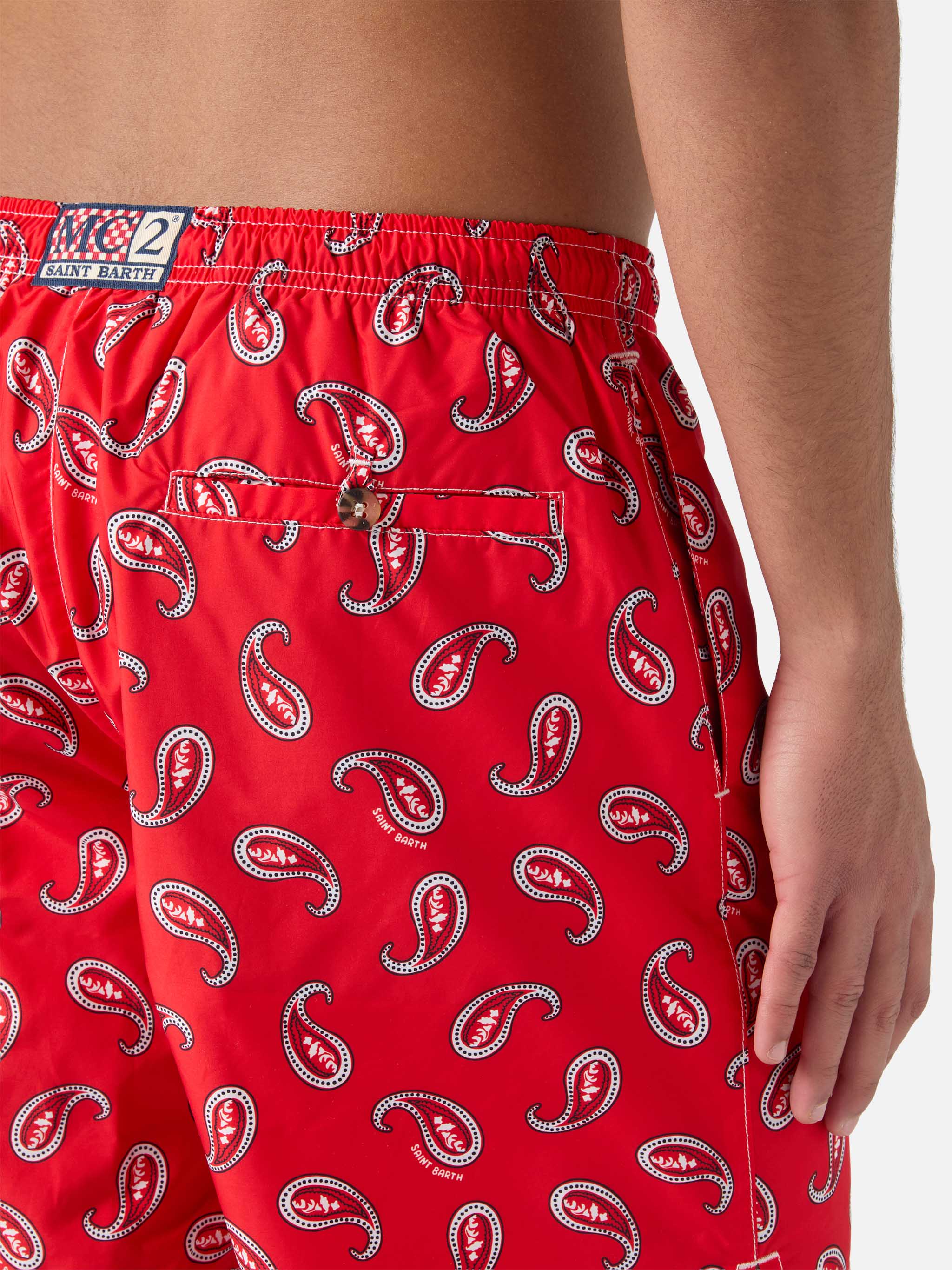 Mid-Length Swim-Shorts Caprese With Red Paisley Print Swimshort