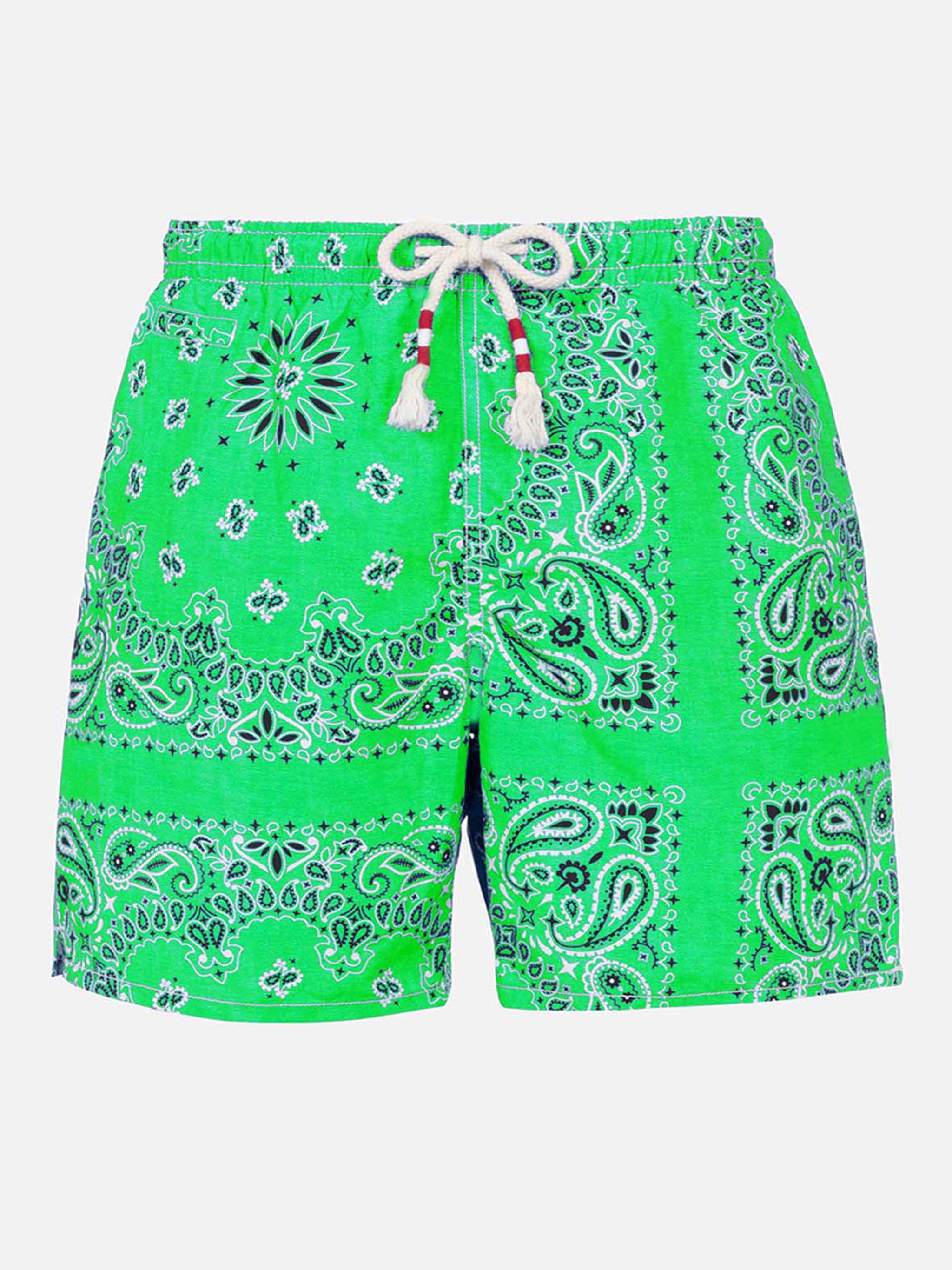 Man Swim Shorts With Green Bandanna Print Verde Fluo Swimshort