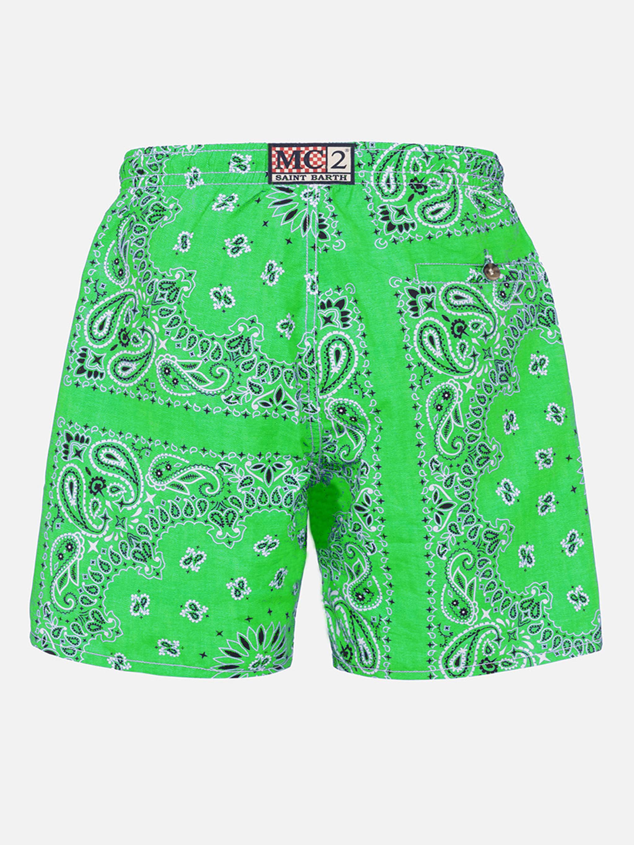Man Swim Shorts With Green Bandanna Print Verde Fluo Swimshort