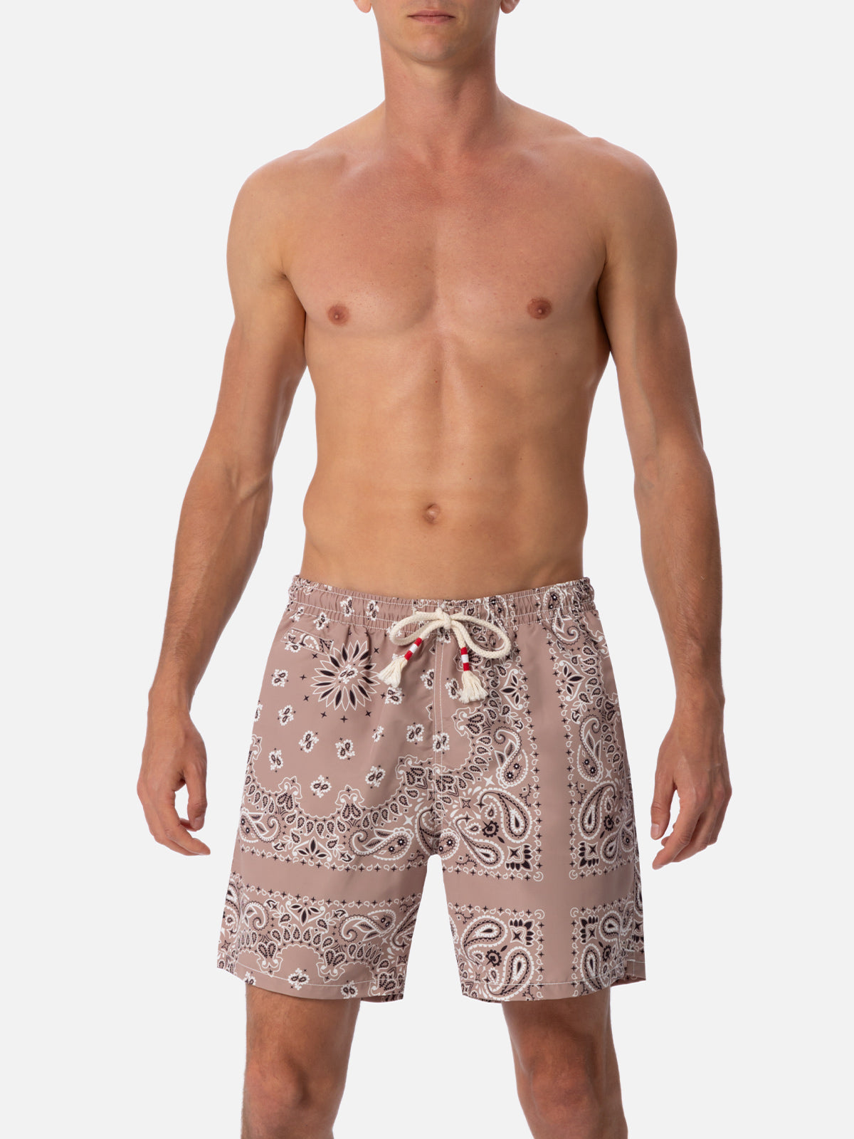 Mid-Length Swim-Shorts Caprese With Beige Bandanna Print Brown Swimshort