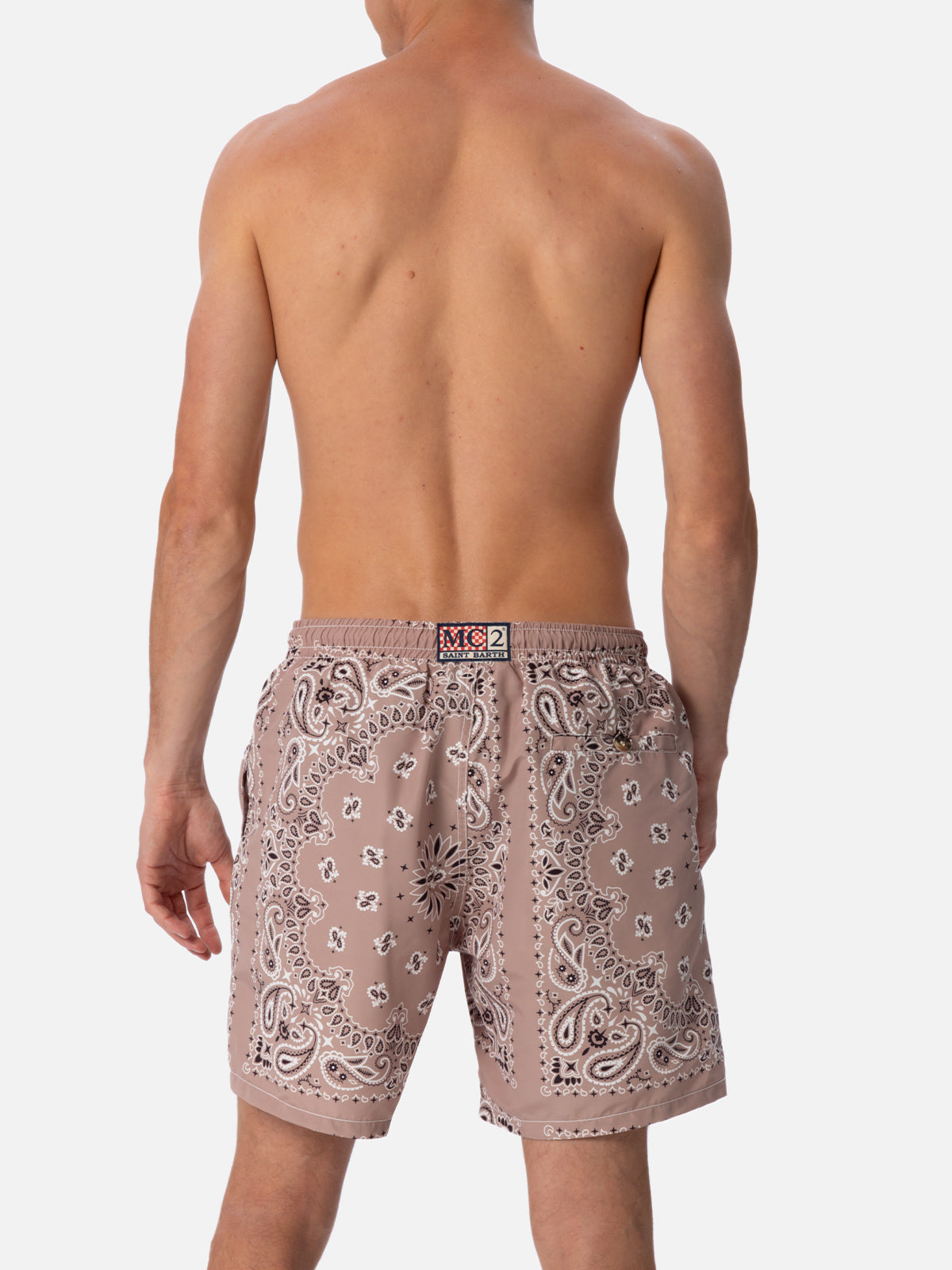 Mid-Length Swim-Shorts Caprese With Beige Bandanna Print Brown Swimshort