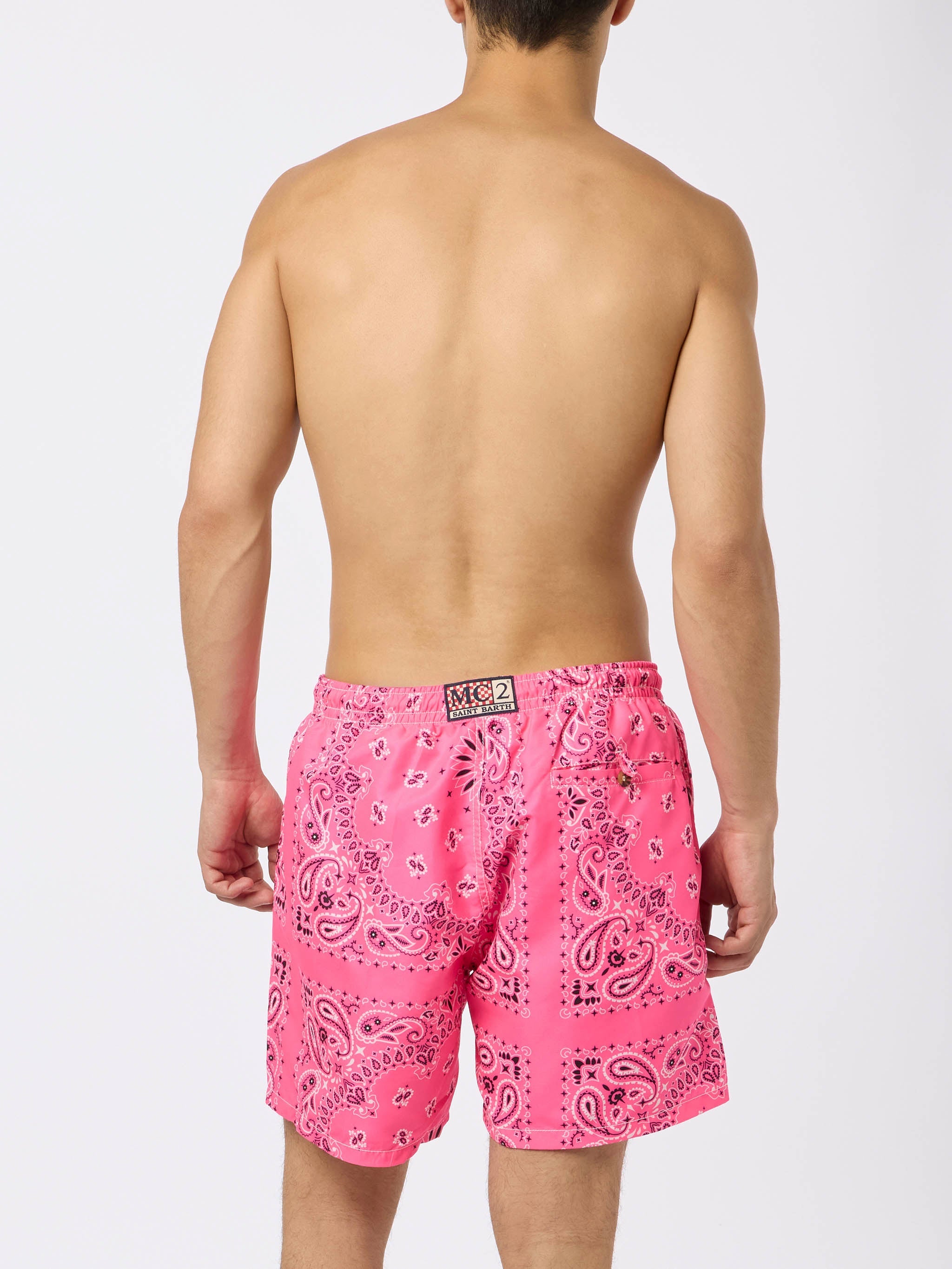 Man Swim Shorts With Pink Bandanna Print Rosa Fluo Swimshort